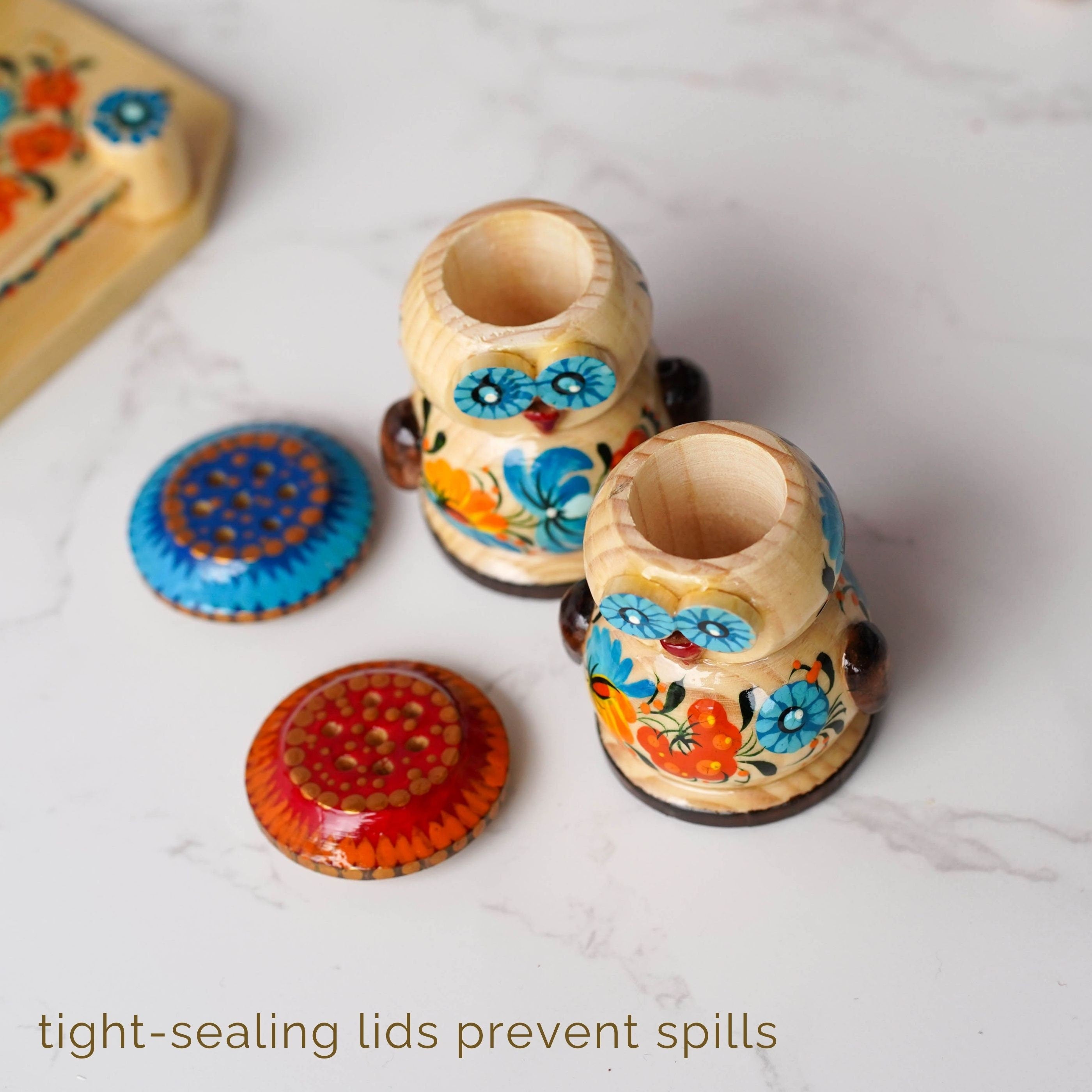 Salt & Pepper Shakers on Stand Set, Hand-painted Owl-Shaped Wooden Shakers with Petrykivka Art - Wall/Countertop Rack, Tight-Seal Lids