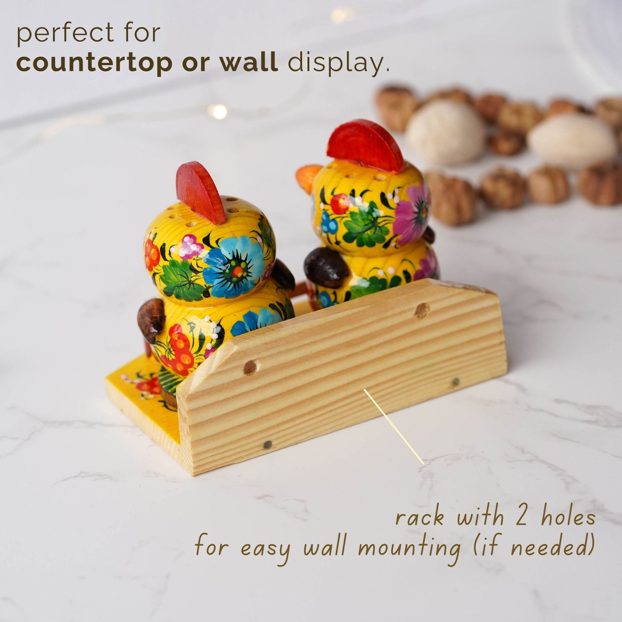 Salt & Pepper Shakers on Stand Set, Hand-painted Ukrainian Chicks Wooden Shakers with Petrykivka Art - Wall/Countertop Rack, Tight-Seal Lids