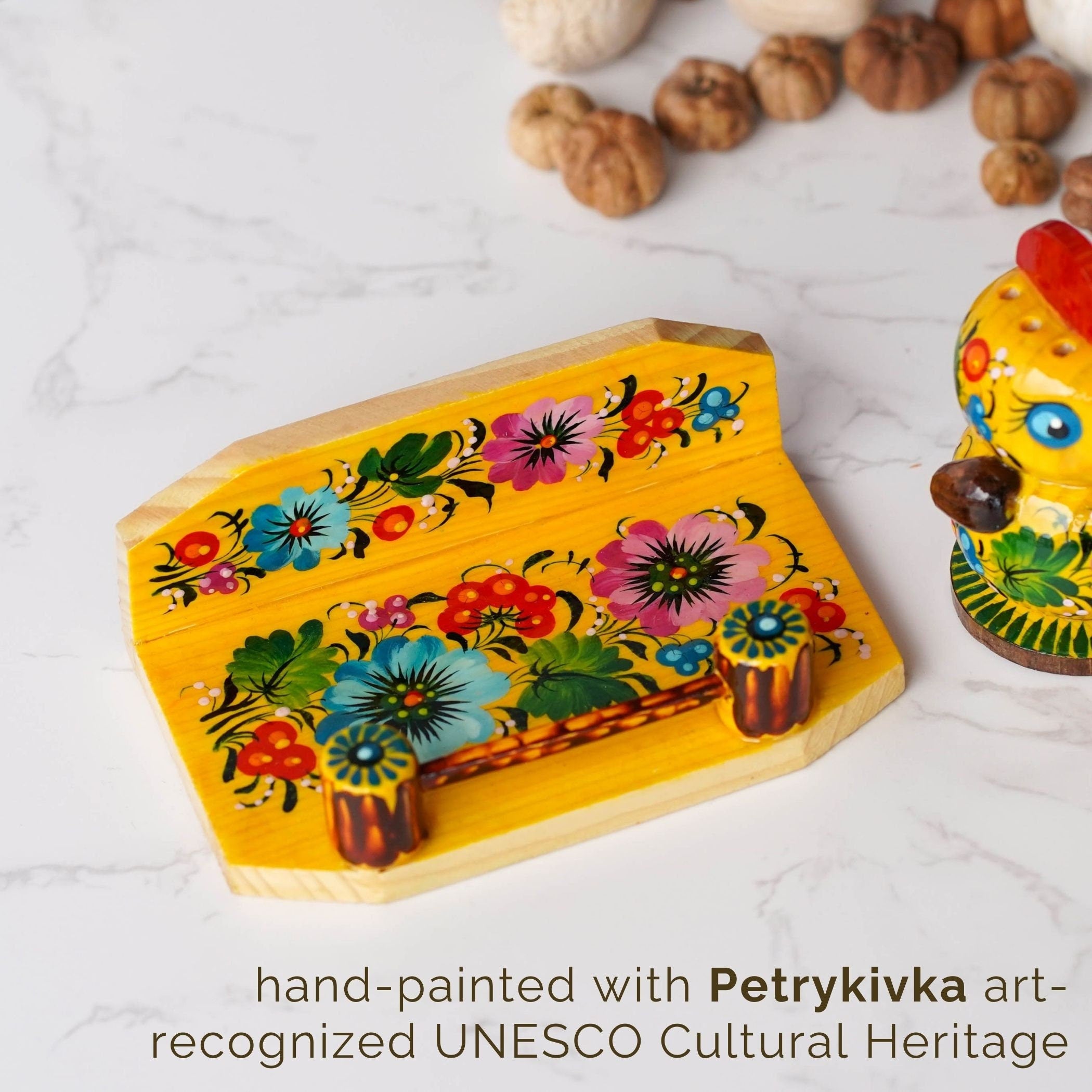 Salt & Pepper Shakers on Stand Set, Hand-painted Ukrainian Chicks Wooden Shakers with Petrykivka Art - Wall/Countertop Rack, Tight-Seal Lids