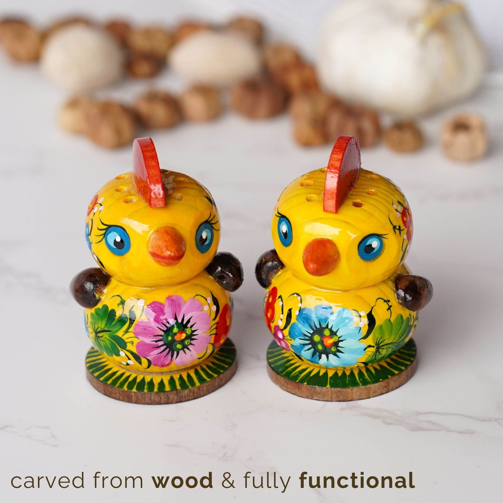 Salt & Pepper Shakers on Stand Set, Hand-painted Ukrainian Chicks Wooden Shakers with Petrykivka Art - Wall/Countertop Rack, Tight-Seal Lids