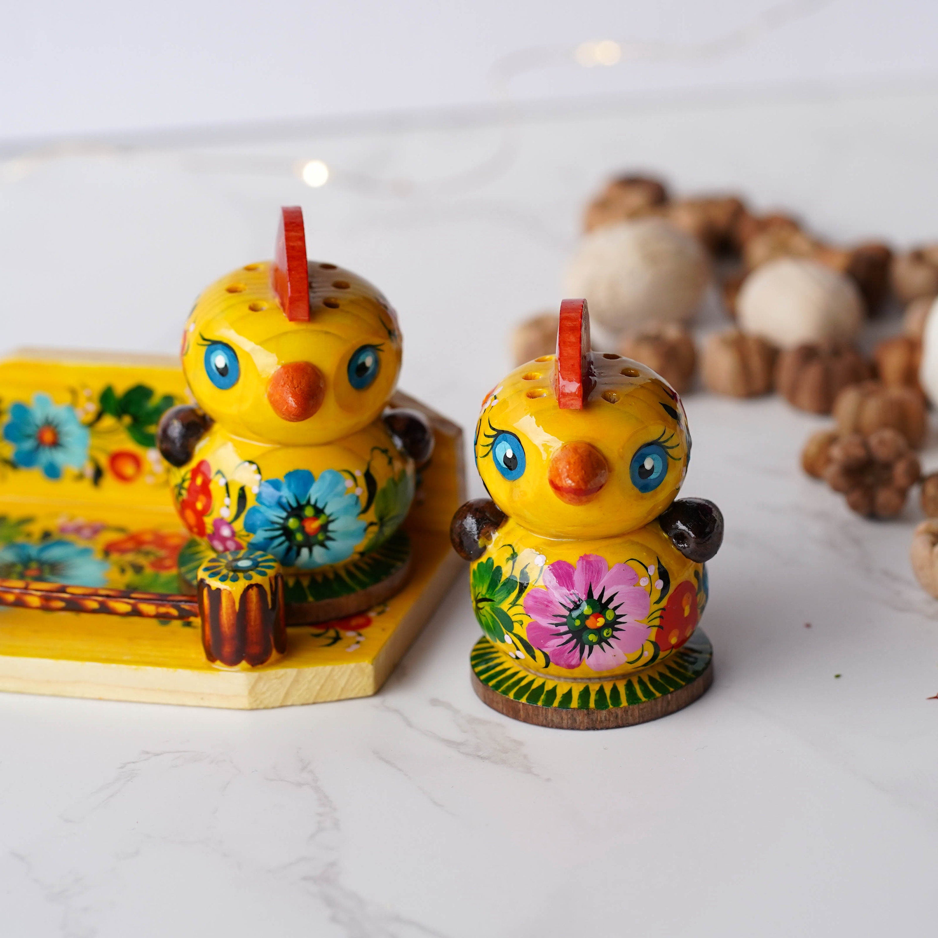 Salt & Pepper Shakers on Stand Set, Hand-painted Ukrainian Chicks Wooden Shakers with Petrykivka Art - Wall/Countertop Rack, Tight-Seal Lids