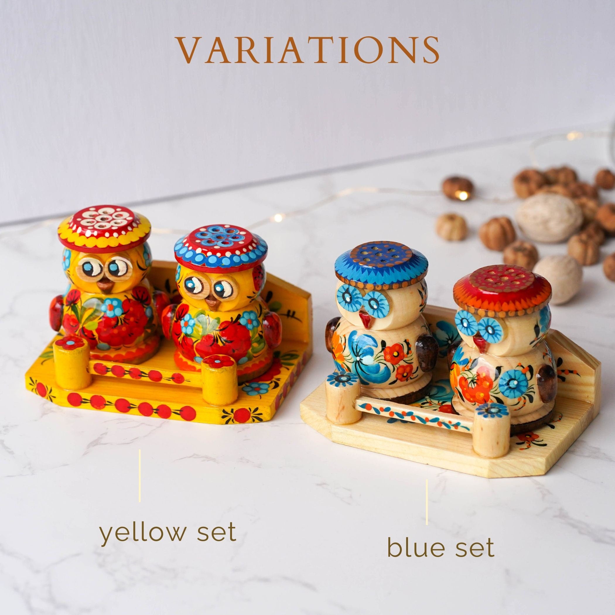 Salt & Pepper Shakers on Stand Set, Hand-painted Owl Shaped Wooden Shakers with Petrykivka Art - Wall/Countertop Rack, Tight-Seal Lids