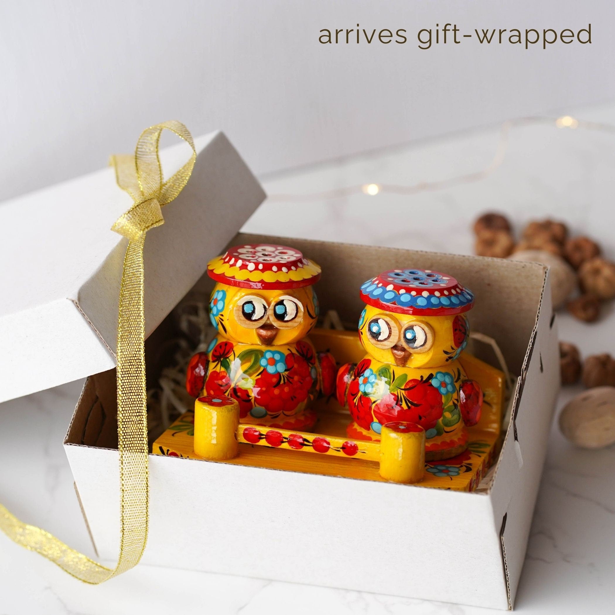 Salt & Pepper Shakers on Stand Set, Hand-painted Owl Shaped Wooden Shakers with Petrykivka Art - Wall/Countertop Rack, Tight-Seal Lids