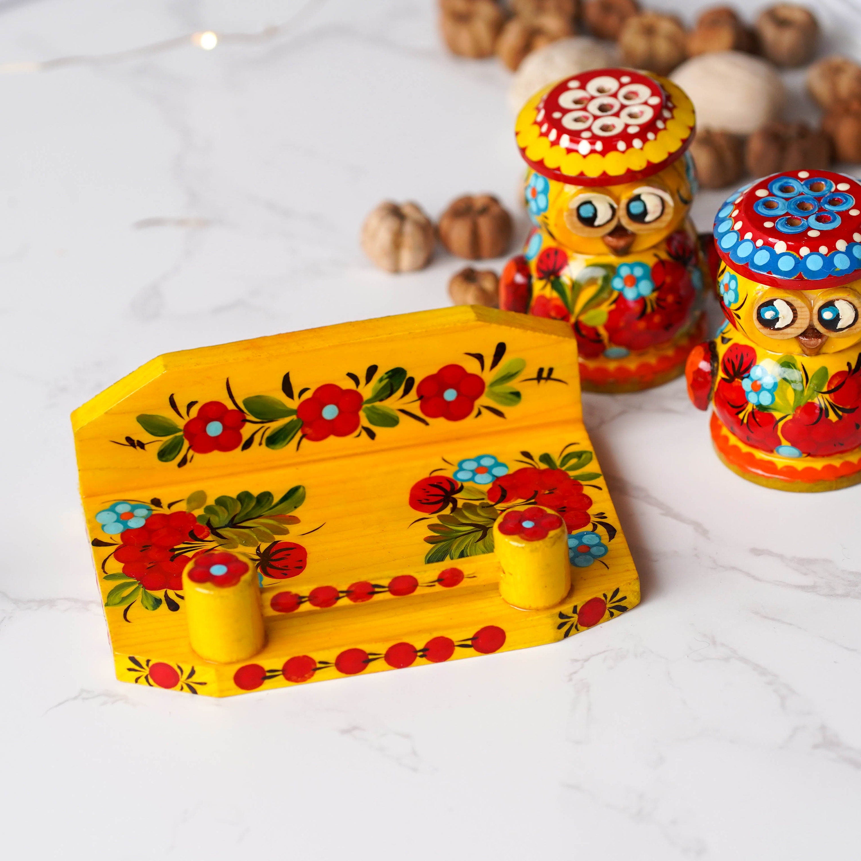 Salt & Pepper Shakers on Stand Set, Hand-painted Owl Shaped Wooden Shakers with Petrykivka Art - Wall/Countertop Rack, Tight-Seal Lids