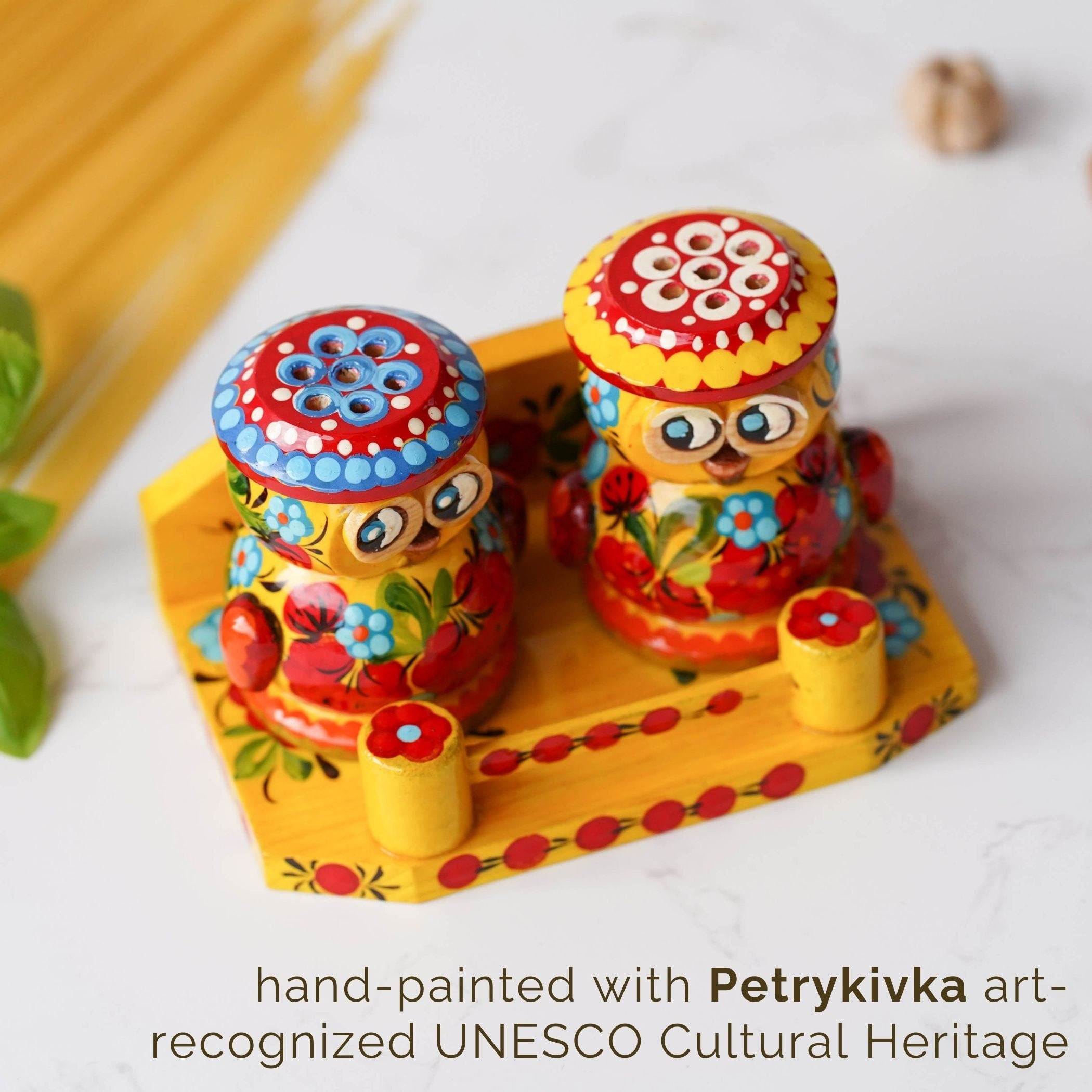 Salt & Pepper Shakers on Stand Set, Hand-painted Owl Shaped Wooden Shakers with Petrykivka Art - Wall/Countertop Rack, Tight-Seal Lids