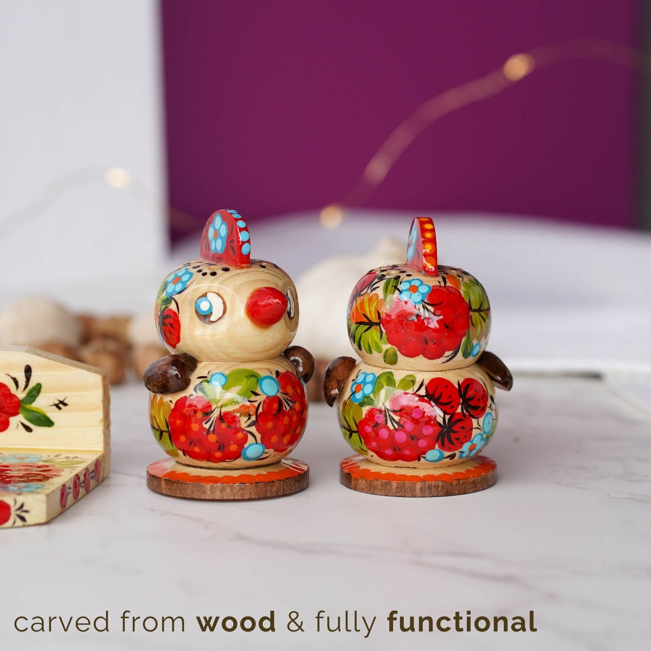 Salt & Pepper Shakers on Stand Set, Hand-painted Ukrainian Chicks Wooden Shakers with Petrykivka Art - Wall/Countertop Rack, Tight-Seal Lids