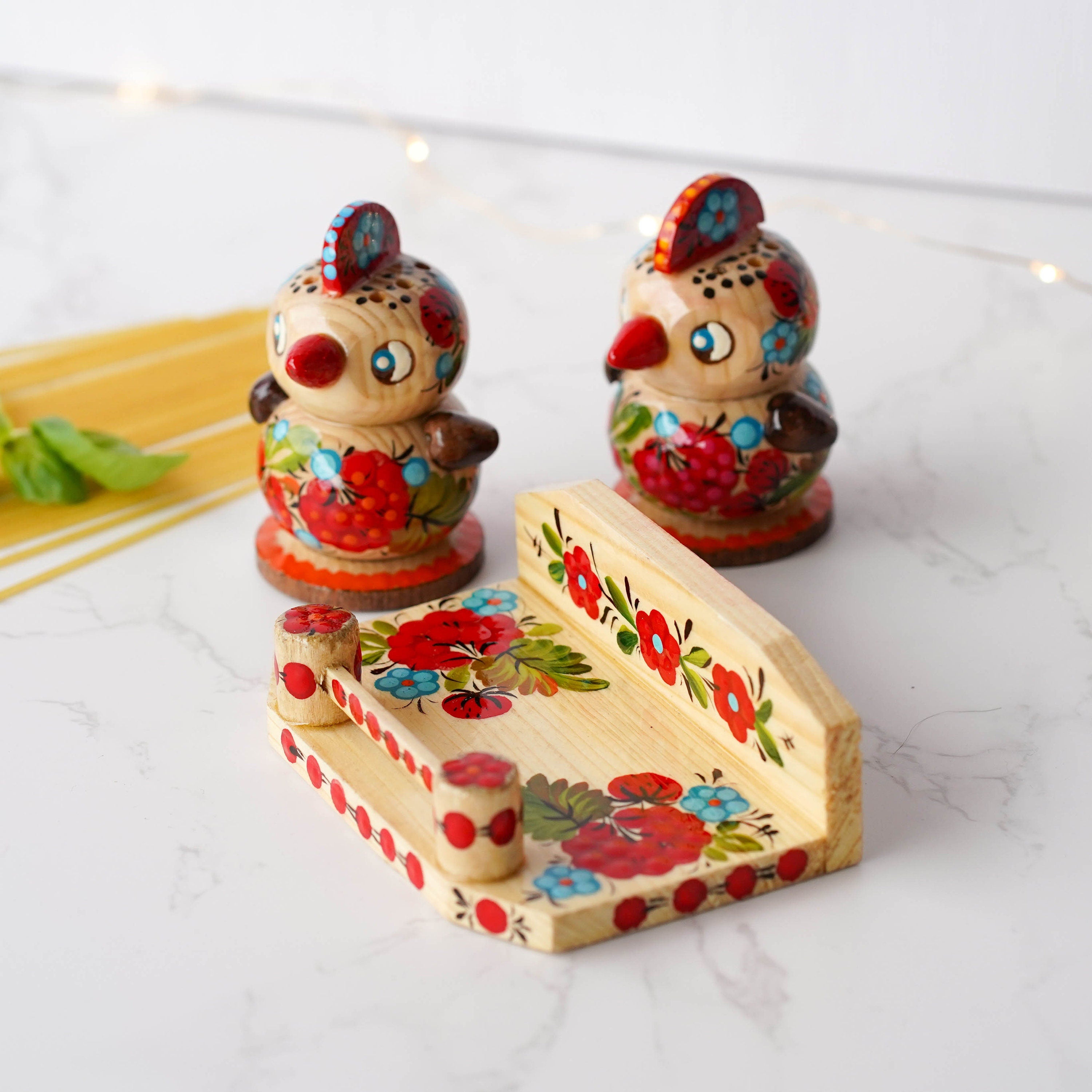 Salt & Pepper Shakers on Stand Set, Hand-painted Ukrainian Chicks Wooden Shakers with Petrykivka Art - Wall/Countertop Rack, Tight-Seal Lids