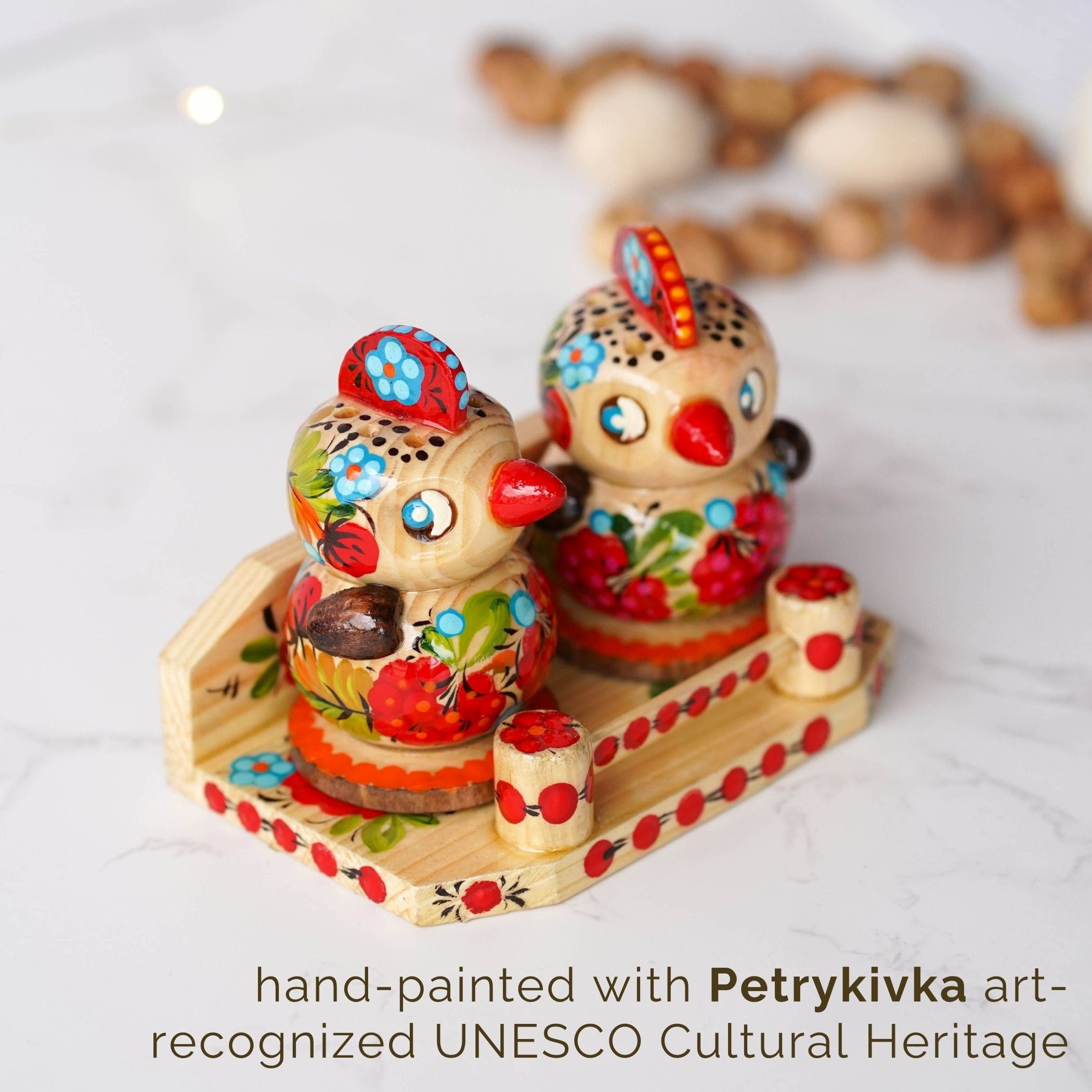 Salt & Pepper Shakers on Stand Set, Hand-painted Ukrainian Chicks Wooden Shakers with Petrykivka Art - Wall/Countertop Rack, Tight-Seal Lids