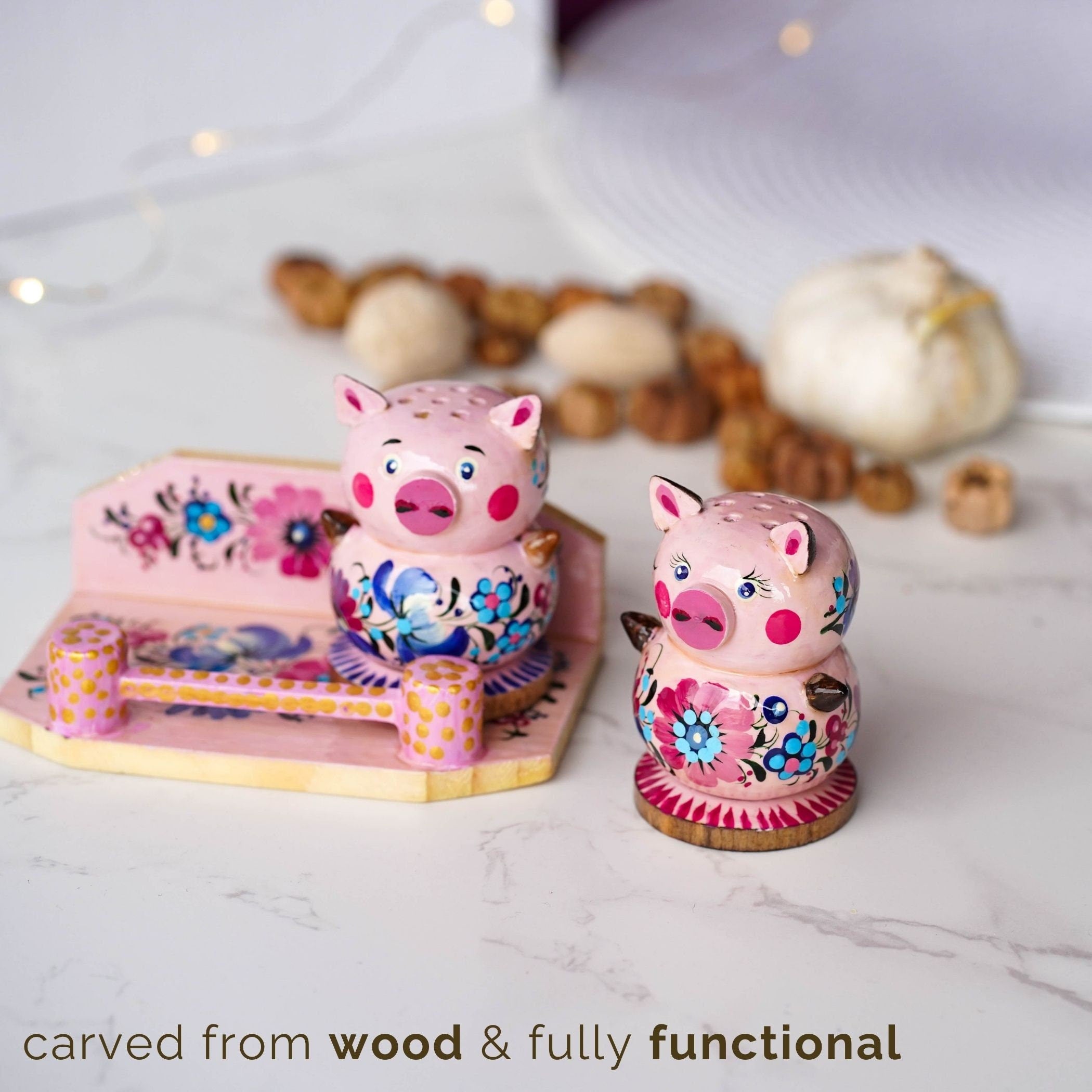 Wooden Salt & Pepper Shakers on Stand Set, Hand-painted Pink Flower Pigs Shakers with Petrykivka Art - Wall/Countertop Rack, Tight-Seal Lids