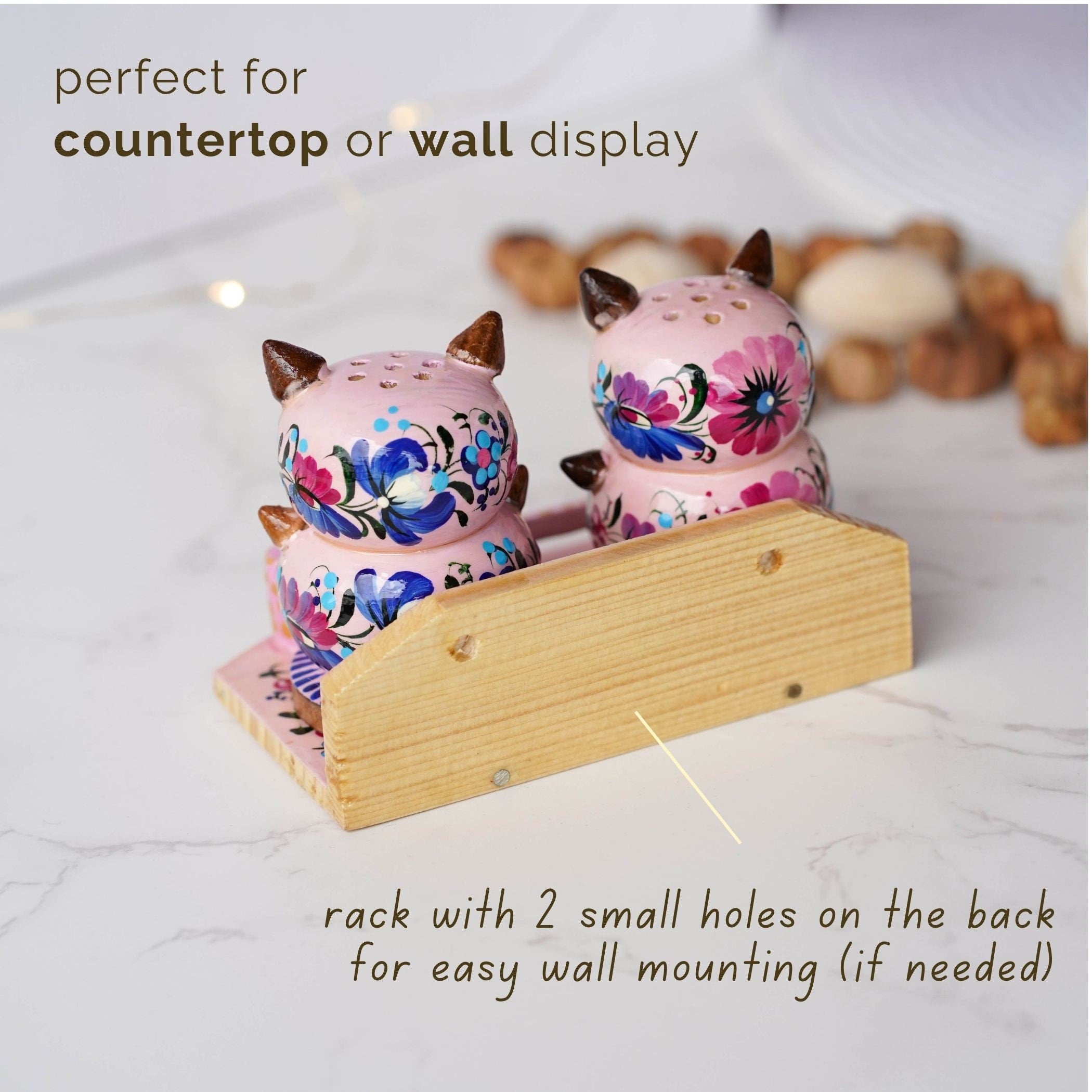 Wooden Salt & Pepper Shakers on Stand Set, Hand-painted Pink Flower Pigs Shakers with Petrykivka Art - Wall/Countertop Rack, Tight-Seal Lids