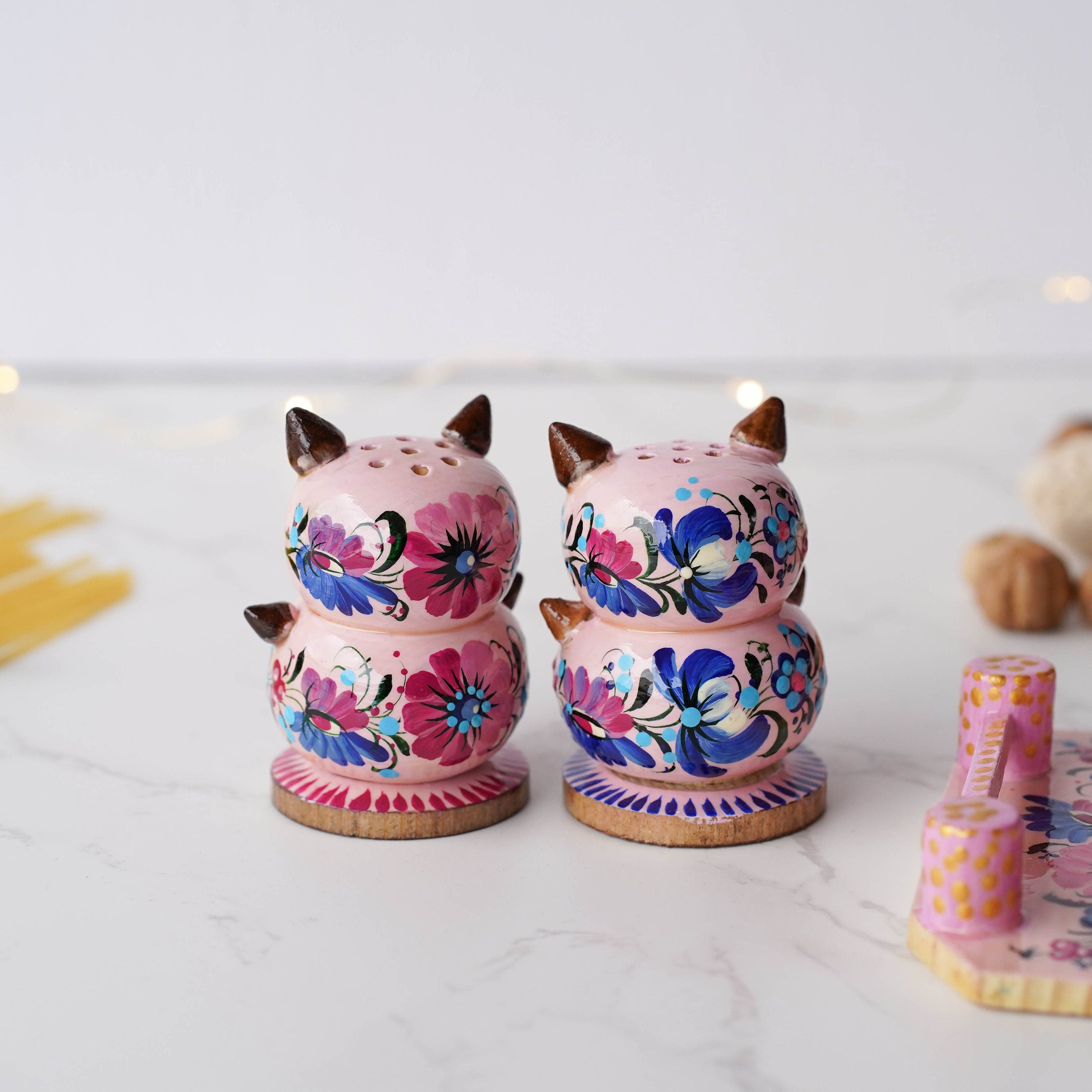 Wooden Salt & Pepper Shakers on Stand Set, Hand-painted Pink Flower Pigs Shakers with Petrykivka Art - Wall/Countertop Rack, Tight-Seal Lids