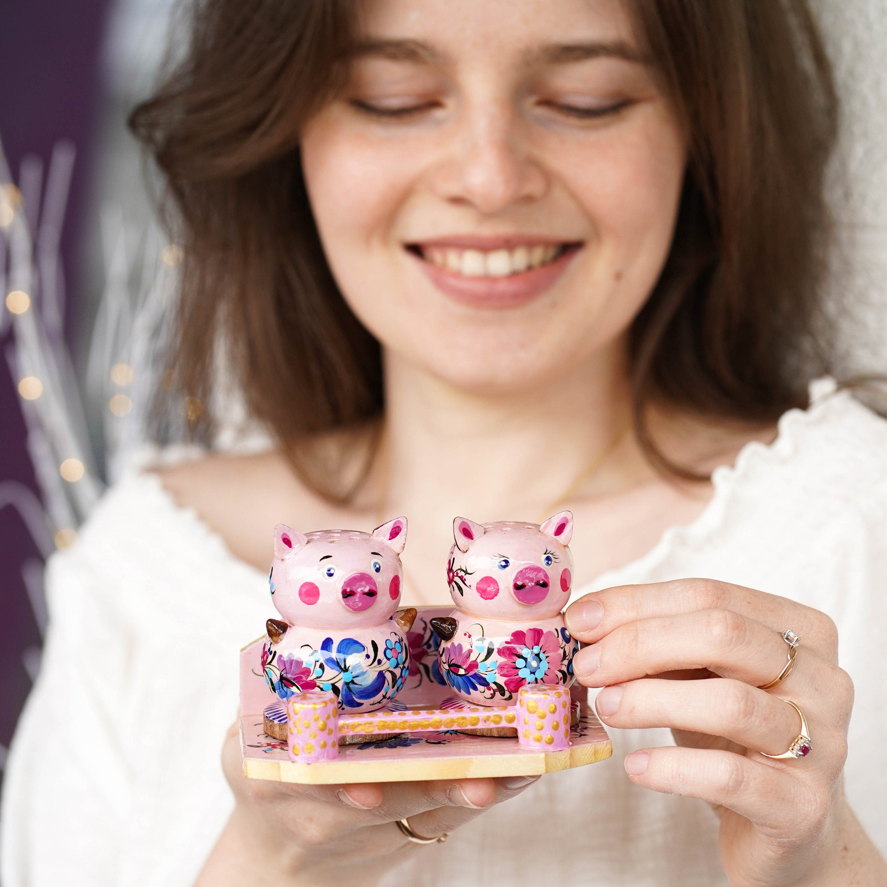 Wooden Salt & Pepper Shakers on Stand Set, Hand-painted Pink Flower Pigs Shakers with Petrykivka Art - Wall/Countertop Rack, Tight-Seal Lids