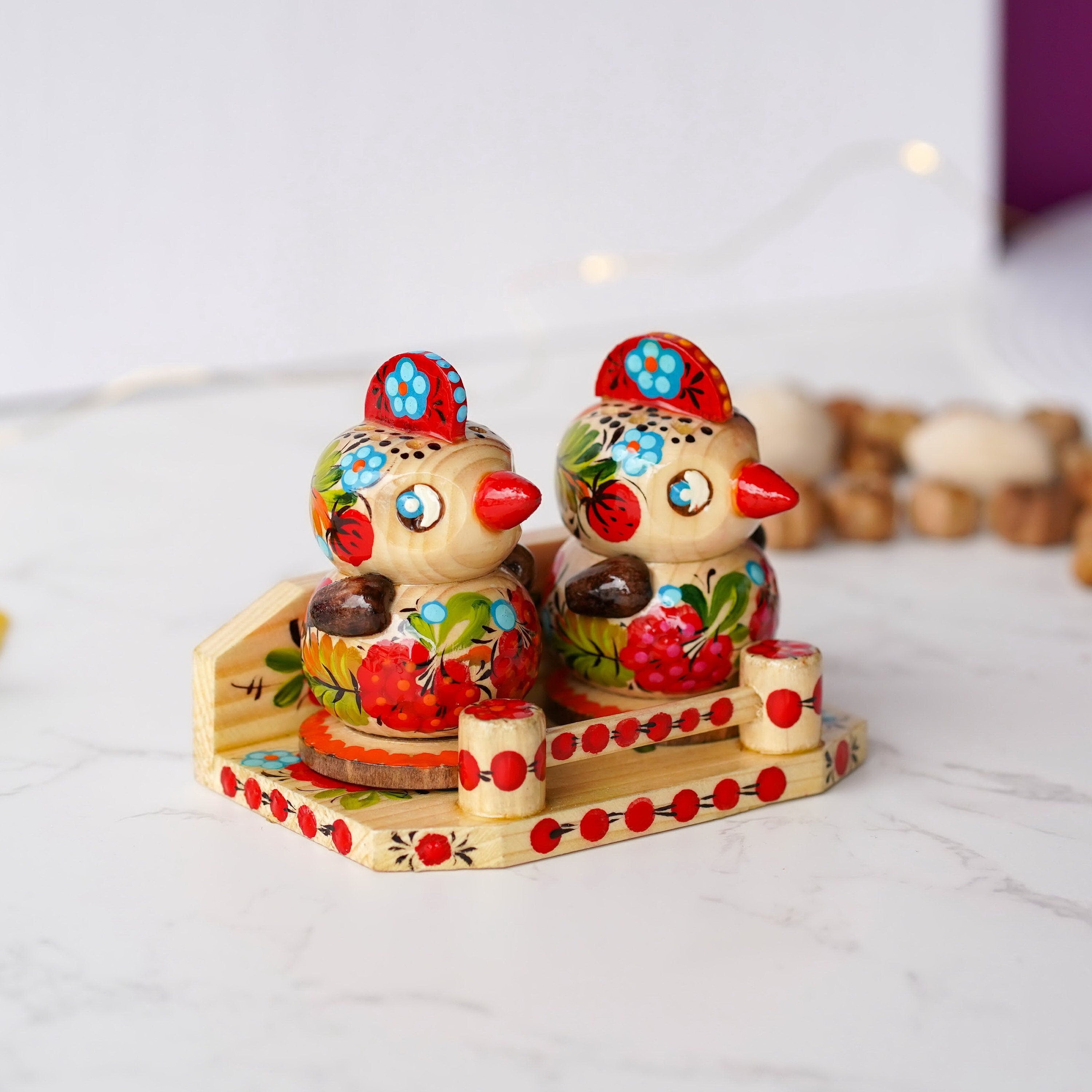 Salt & Pepper Shakers on Stand Set, Hand-painted Ukrainian Chicks Wooden Shakers with Petrykivka Art - Wall/Countertop Rack, Tight-Seal Lids