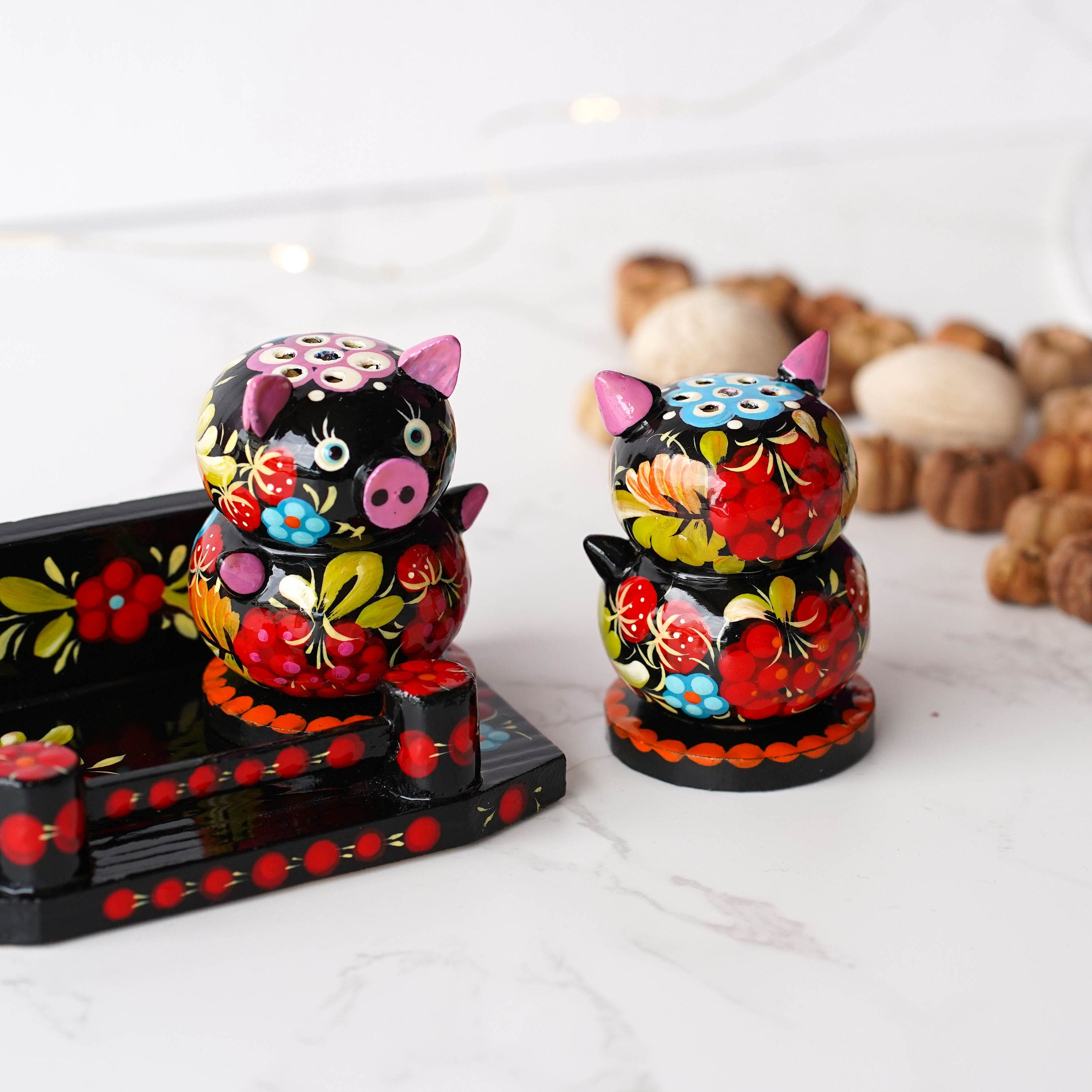 Wooden Salt & Pepper Shakers on Stand Set, Hand-painted Red Flower Pigs Shakers with Petrykivka Art - Wall/Countertop Rack, Tight-Seal Lids