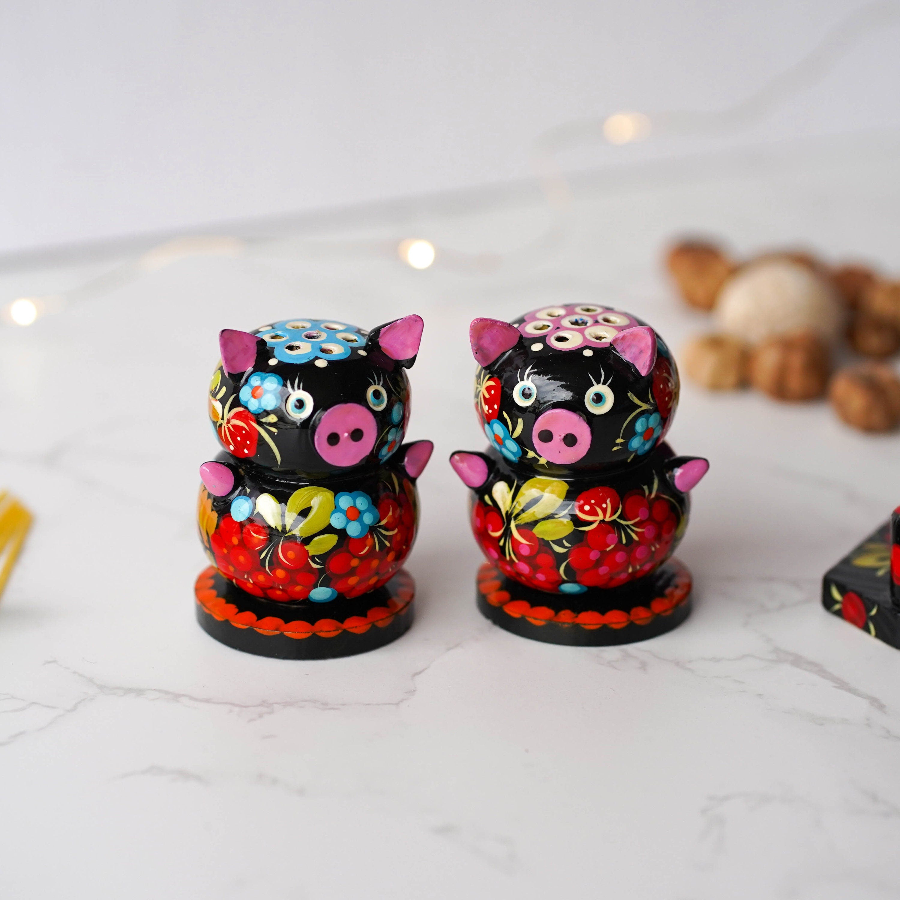 Wooden Salt & Pepper Shakers on Stand Set, Hand-painted Red Flower Pigs Shakers with Petrykivka Art - Wall/Countertop Rack, Tight-Seal Lids