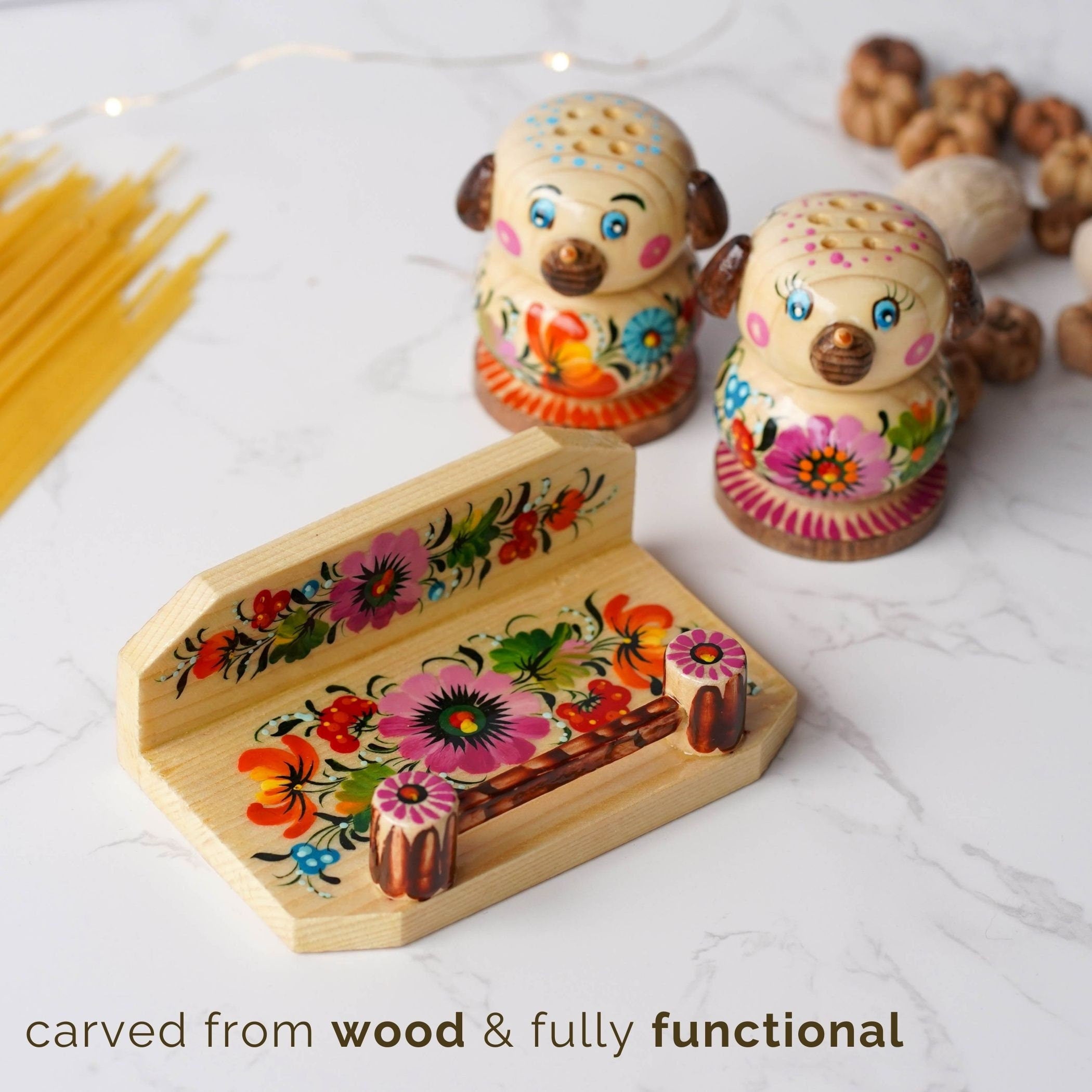 Wooden Salt & Pepper Shakers on Stand Set, Hand-painted Dog-shaped Shakers with Petrykivka Art - Wall/Countertop Rack, Tight-Seal Lids