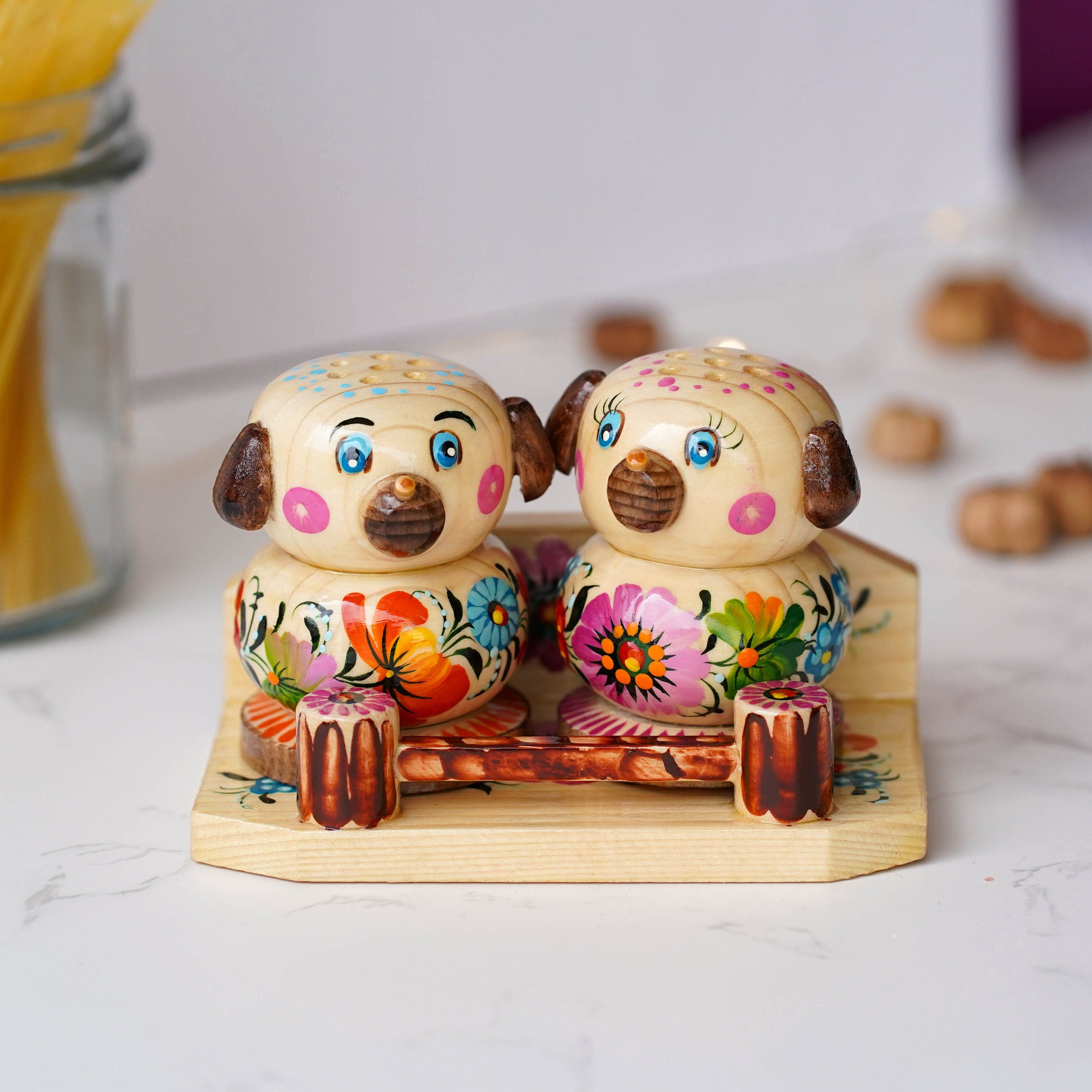 Wooden Salt & Pepper Shakers on Stand Set, Hand-painted Dog-shaped Shakers with Petrykivka Art - Wall/Countertop Rack, Tight-Seal Lids