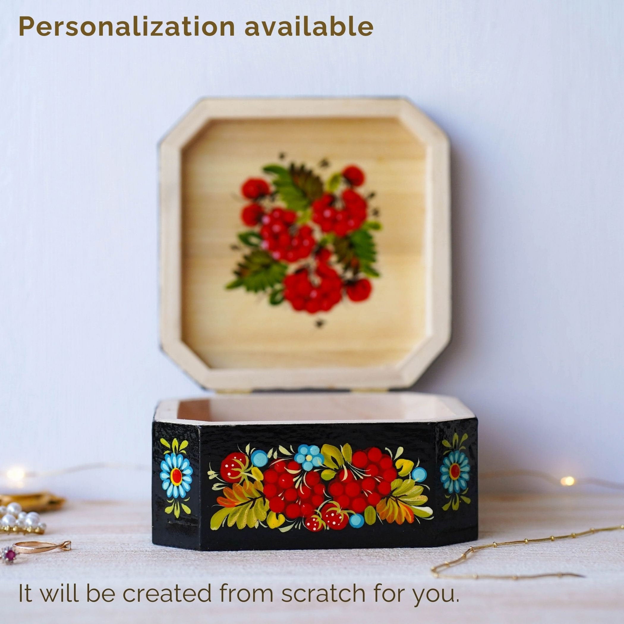 Hand-painted Wooden Keepsake Box - Personalized Red Flower Treasure Chest, Ukrainian Petrykivka Art Jewelry Box with Soft Cloth Lining