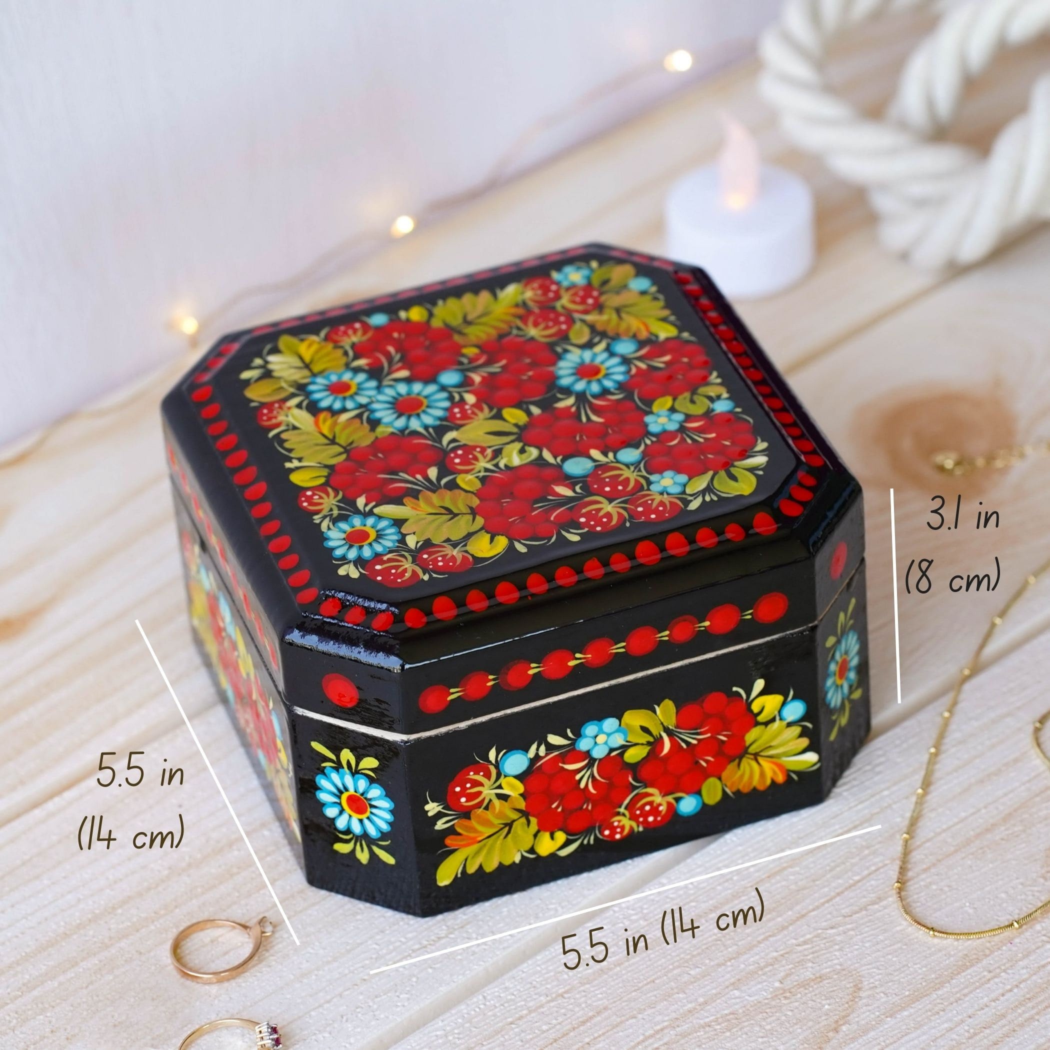 Hand-painted Wooden Keepsake Box - Personalized Red Flower Treasure Chest, Ukrainian Petrykivka Art Jewelry Box with Soft Cloth Lining