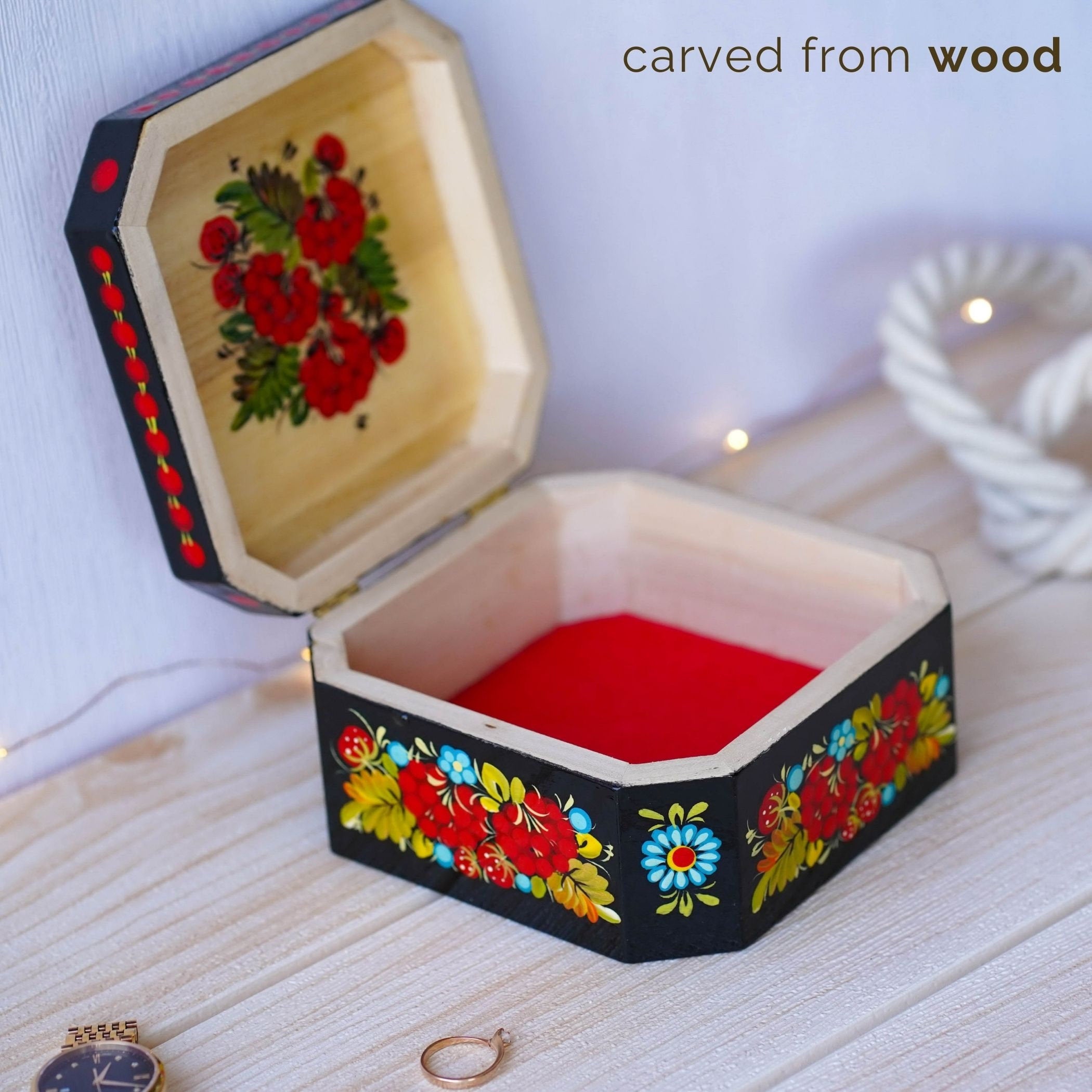 Hand-painted Wooden Keepsake Box - Personalized Red Flower Treasure Chest, Ukrainian Petrykivka Art Jewelry Box with Soft Cloth Lining