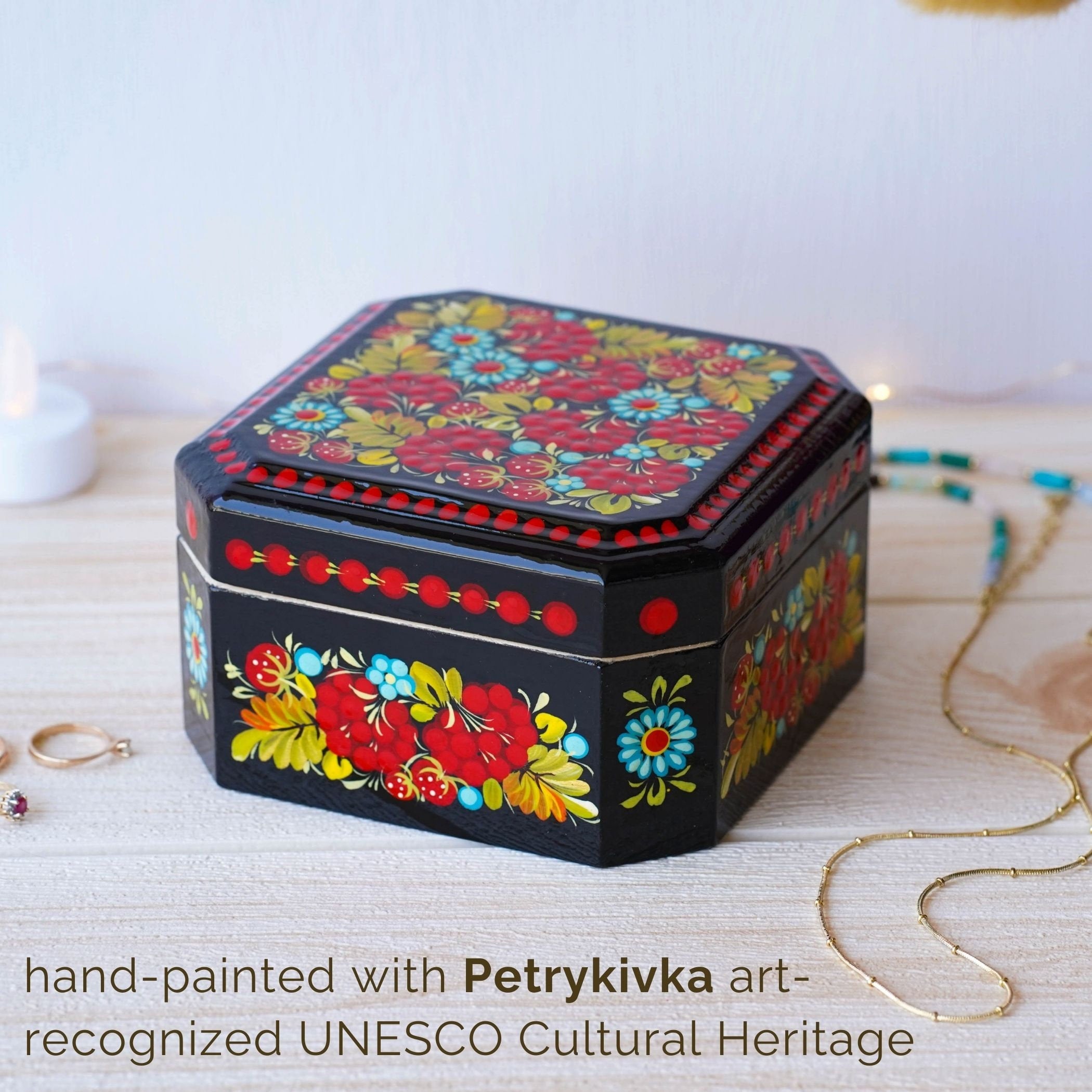 Hand-painted Wooden Keepsake Box - Personalized Red Flower Treasure Chest, Ukrainian Petrykivka Art Jewelry Box with Soft Cloth Lining