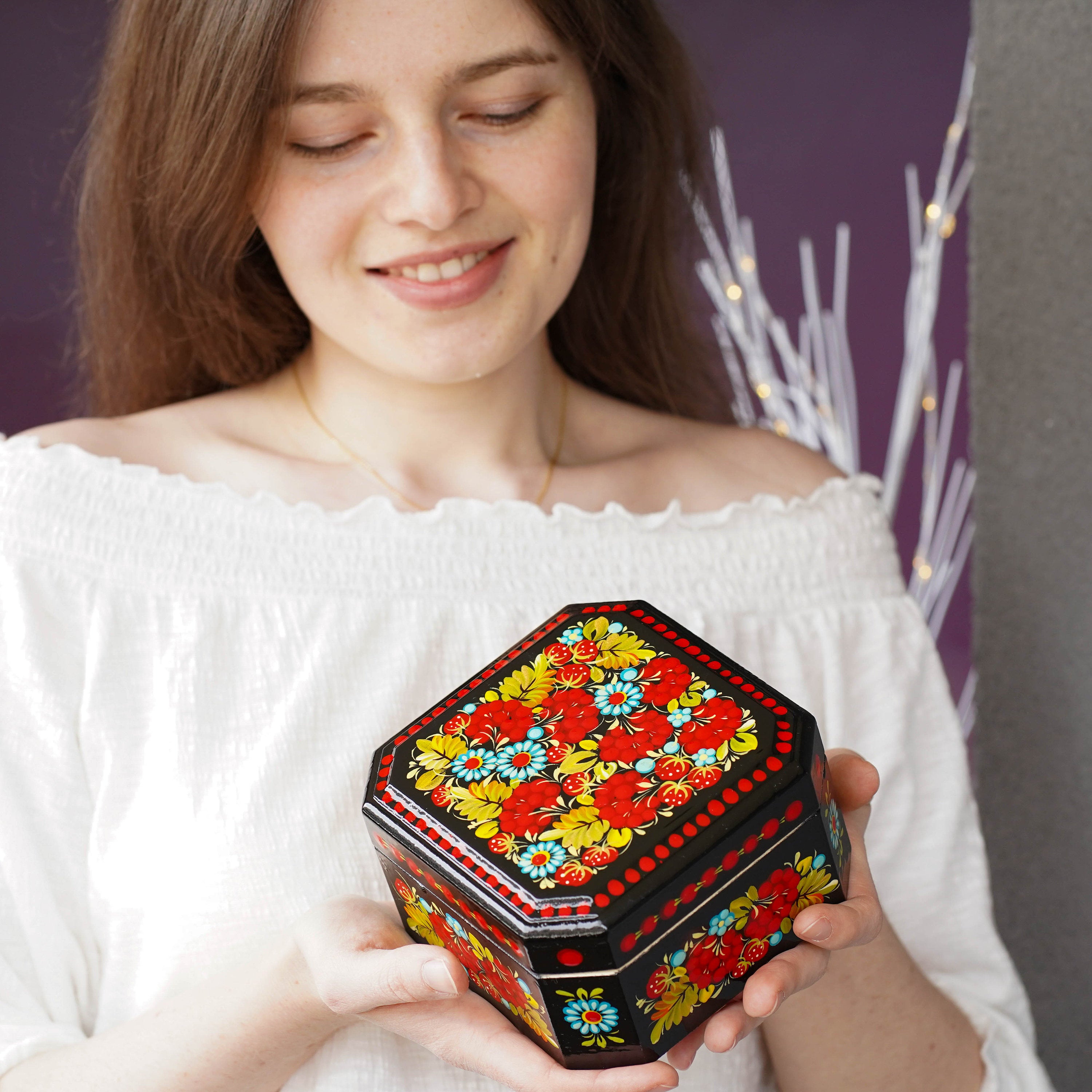 Hand-painted Wooden Keepsake Box - Personalized Red Flower Treasure Chest, Ukrainian Petrykivka Art Jewelry Box with Soft Cloth Lining