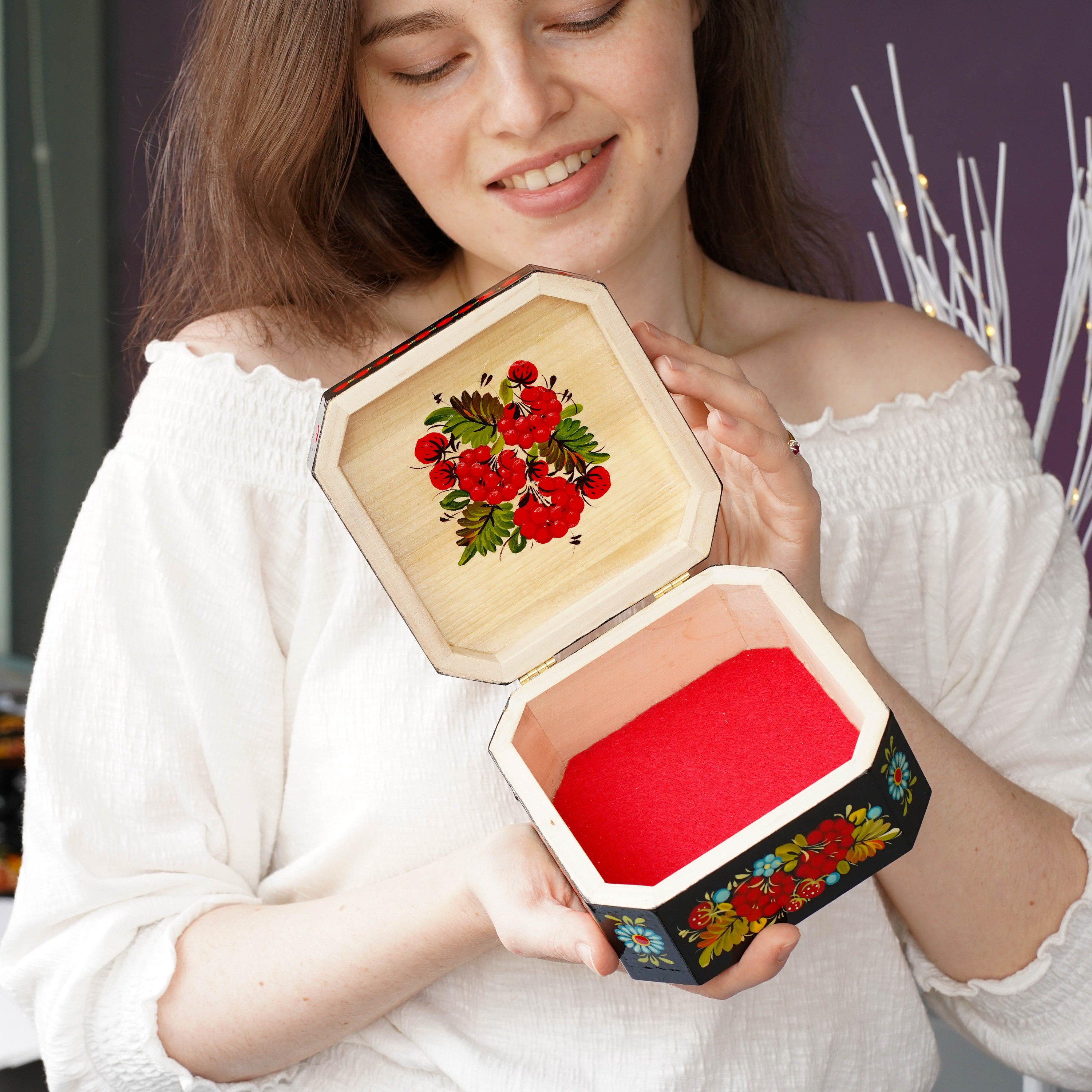 Hand-painted Wooden Keepsake Box - Personalized Red Flower Treasure Chest, Ukrainian Petrykivka Art Jewelry Box with Soft Cloth Lining