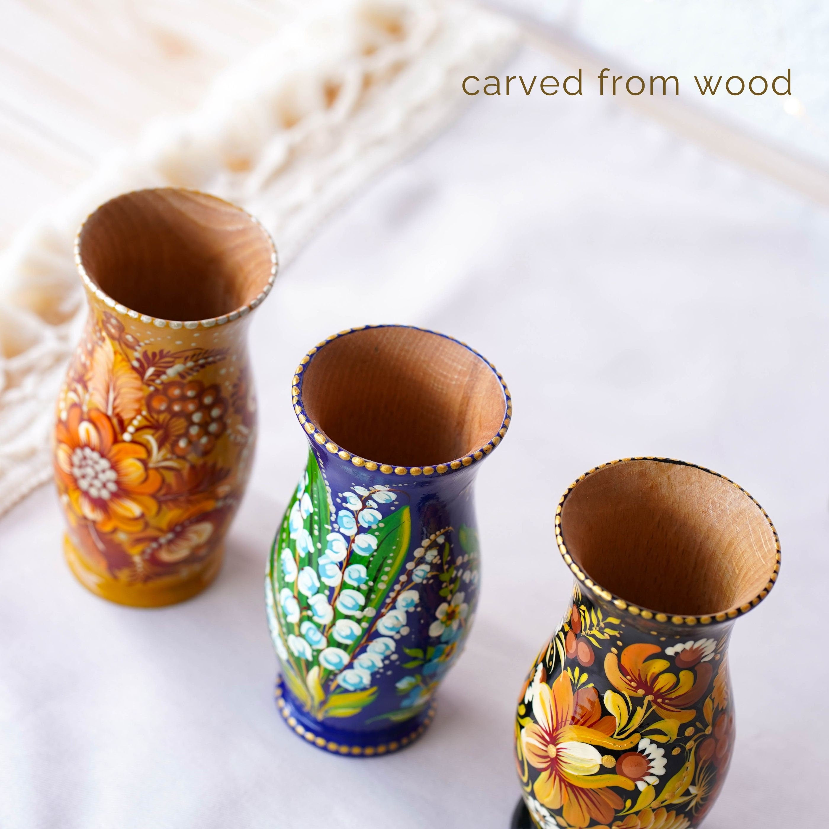 Hand-painted Wooden Vase 4.7 in - Personalized Vase, Beige Flower Ukrainian Folk Art Petrykivka Vase, Small Vase for Dried Flowers