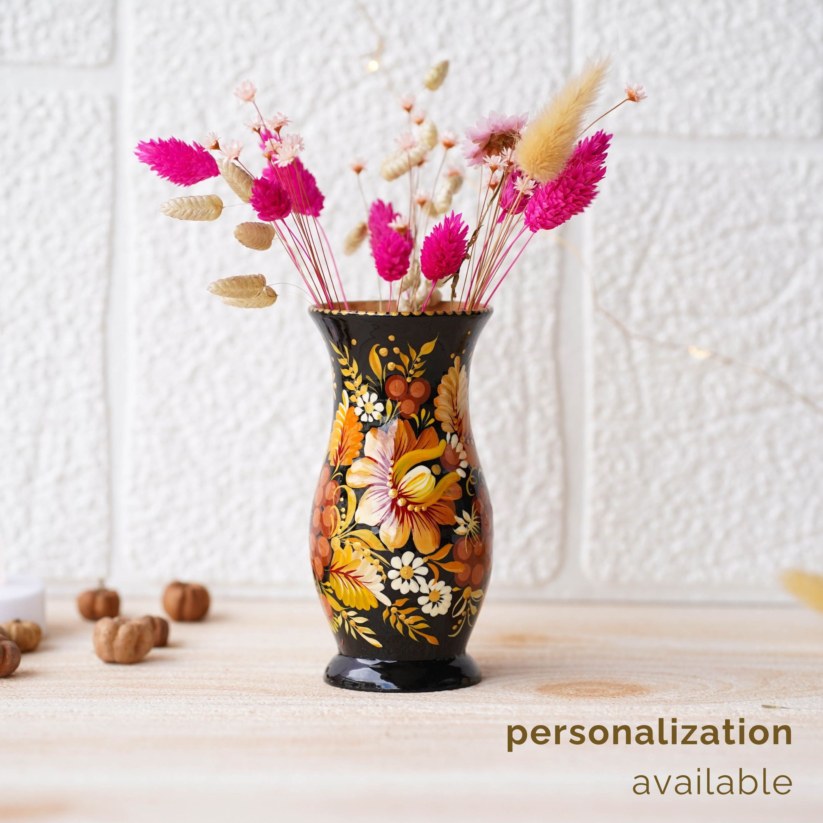 Hand-painted Wooden Vase 4.7 in - Personalized Vase, Beige Flower Ukrainian Folk Art Petrykivka Vase, Small Vase for Dried Flowers