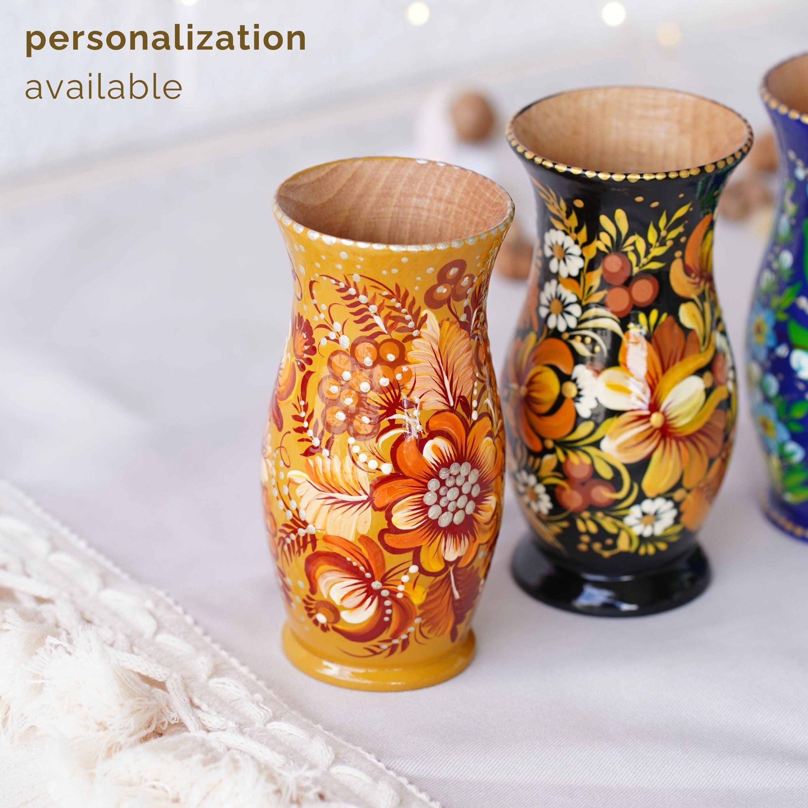 Personalized painted wooden vase 4.7 in - Beige flower Ukrainian folk art Petrykivka vase, Small vase for dried flowers, Handmade wood vase