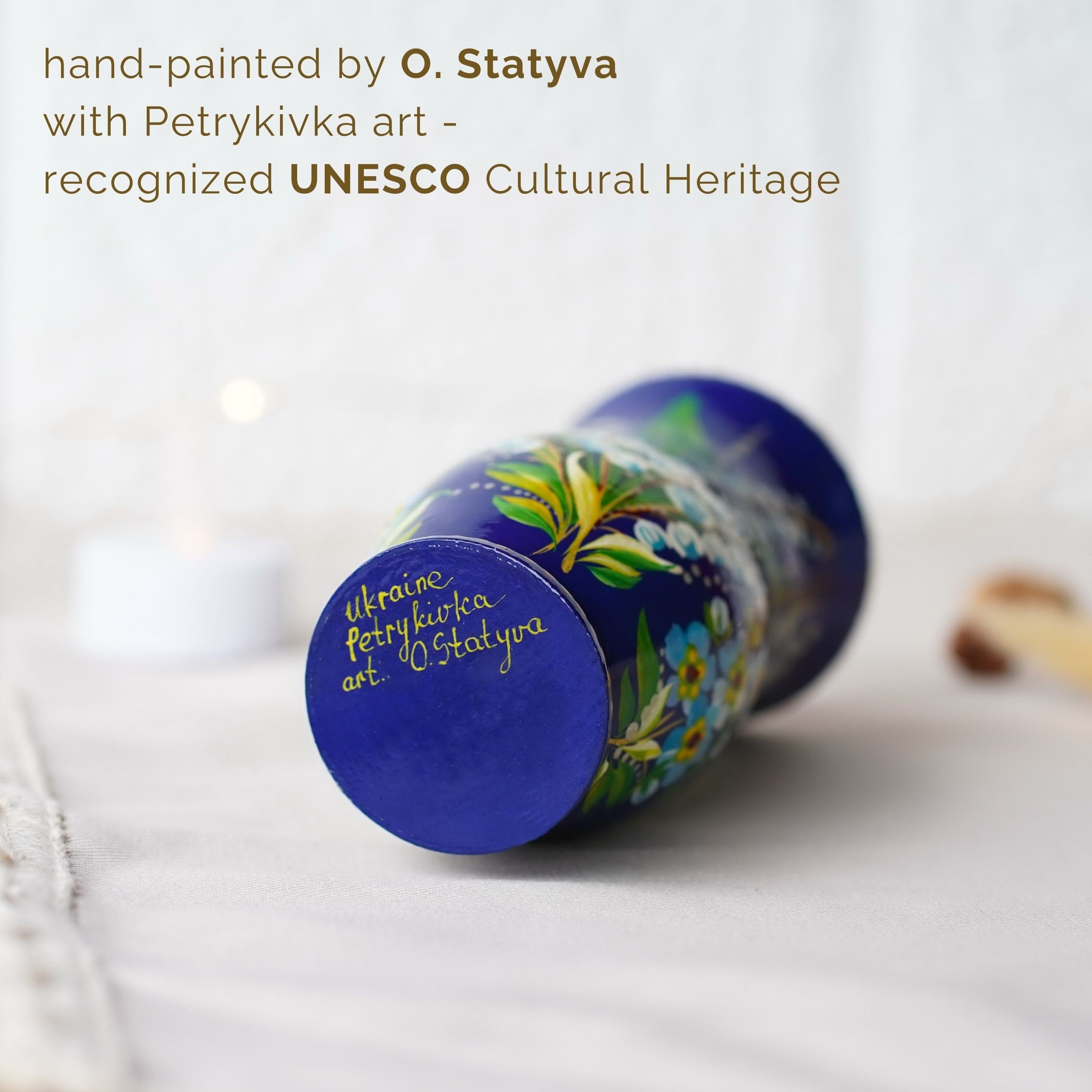 Painted Wooden Vase for Dried Flowers 4.7 in - Small Artisanal Lily of the Valley and Forget-me-not Personalized Vase, Blue