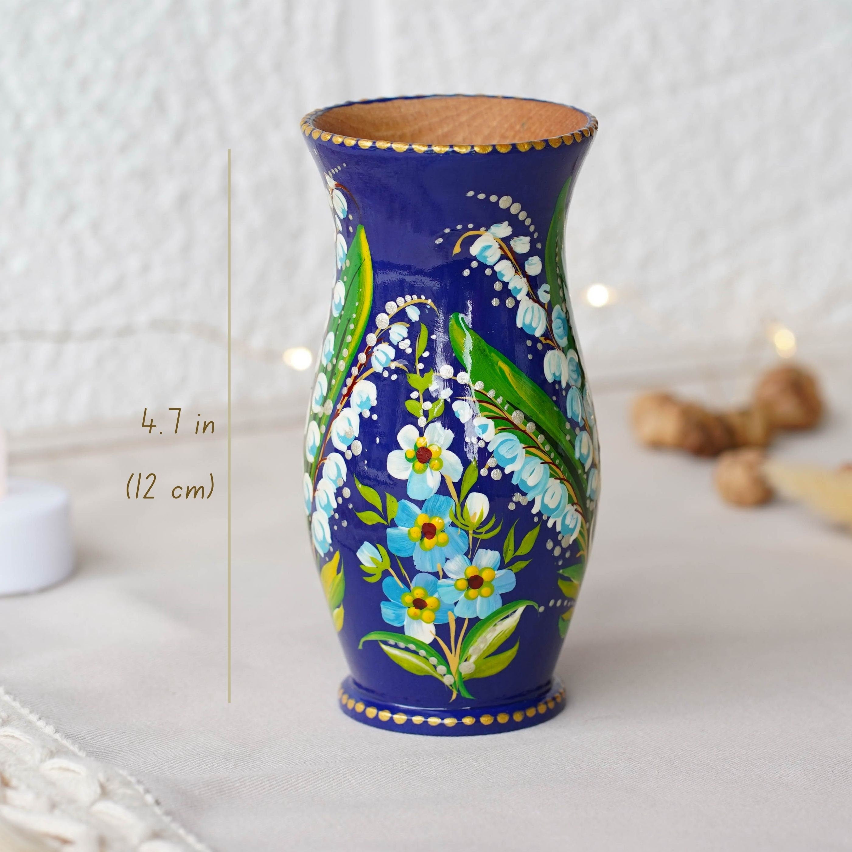 Painted Lily of the Valley Wooden Vase 4.7 in, Handmade Personalized vase, Ukrainian Forget-me-not vase, Small vase for dried flowers