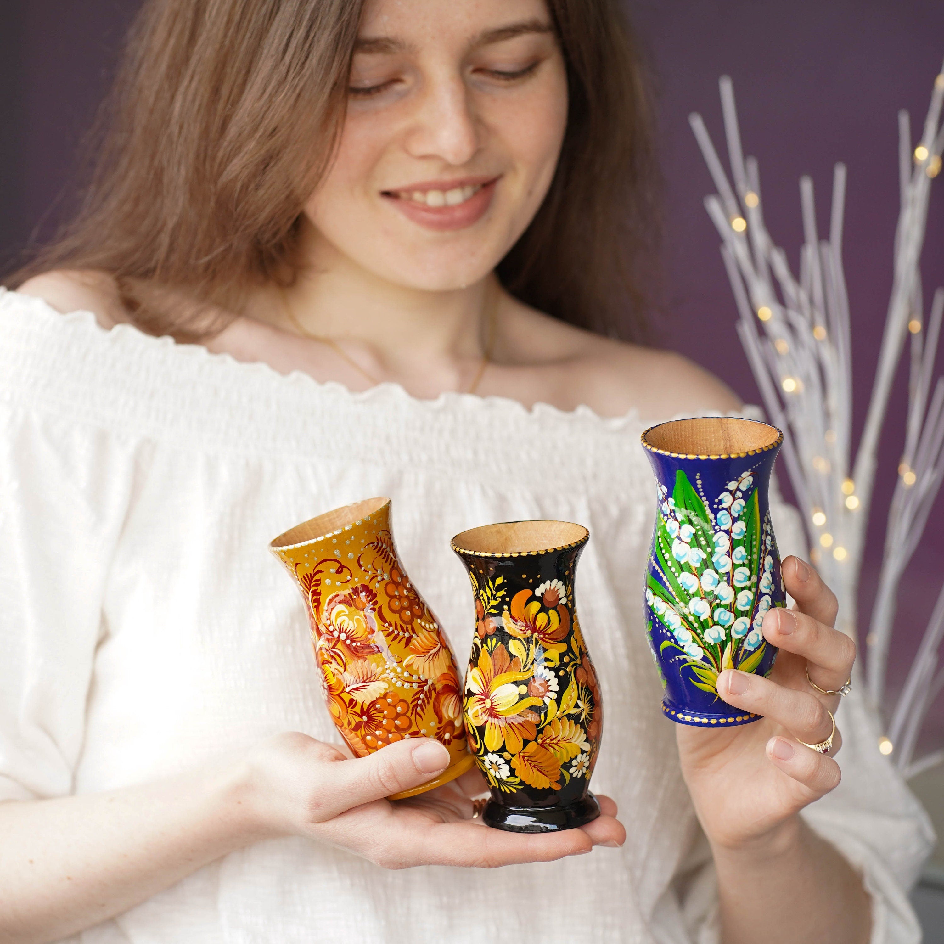 Painted Lily of the Valley Wooden Vase 4.7 in, Handmade Personalized vase, Ukrainian Forget-me-not vase, Small vase for dried flowers