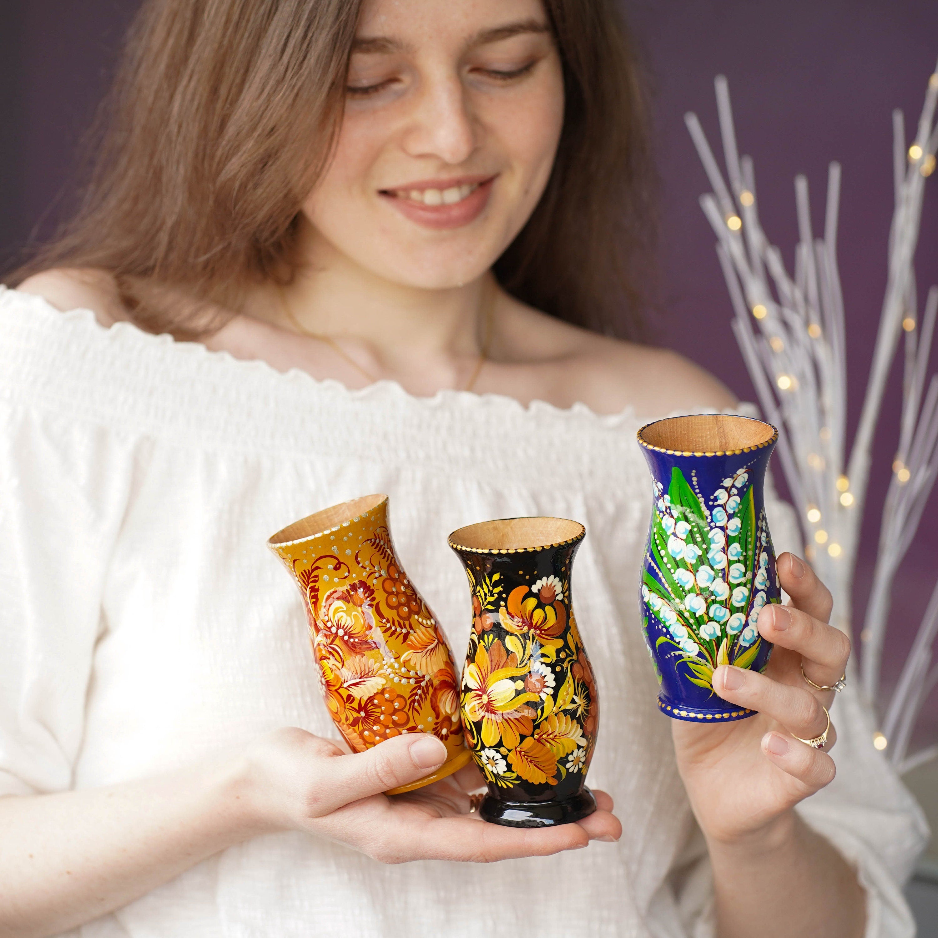 Painted Wooden Vase for Dried Flowers 4.7 in - Small Artisanal Lily of the Valley and Forget-me-not Personalized Vase, Blue