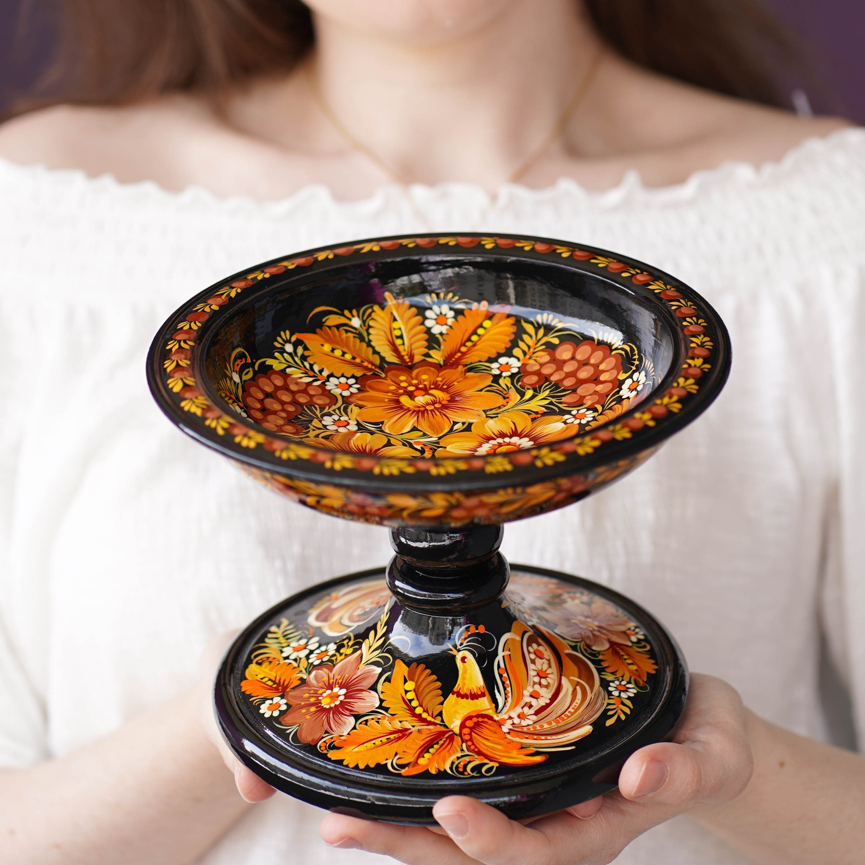 Painted Wooden Pedestal Bowl - Handmade Orange Fairy Bird Multifunctional Decorative Bowl for Candies, Keys, Jewelry, Décor, Petrykivka Art