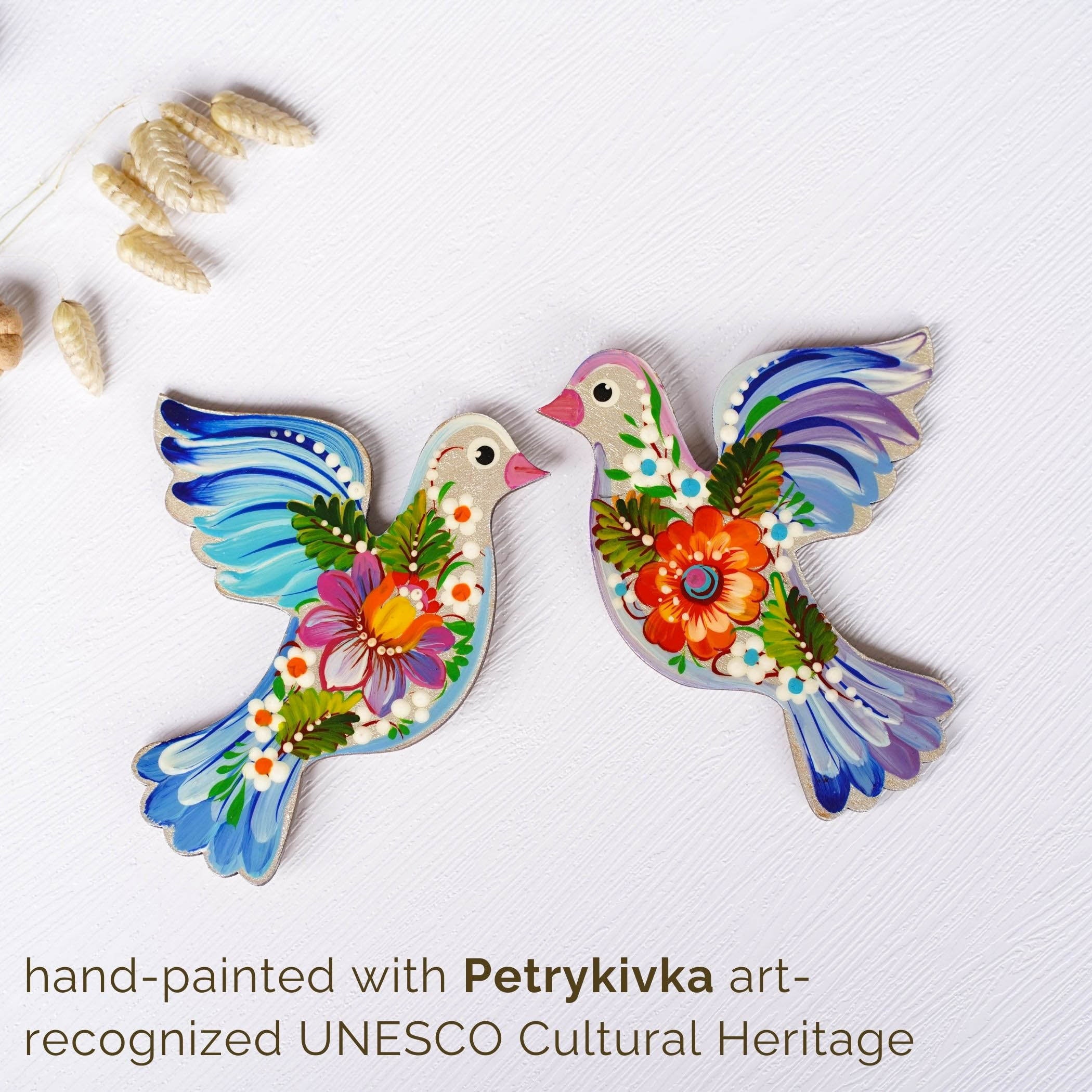 Set of 2 Painted Wooden Fridge Magnets, Personalized Petrykivka Painted Bird Magnets, Handmade Ukrainian Dove Wooden Magnets, Pigeon magnets