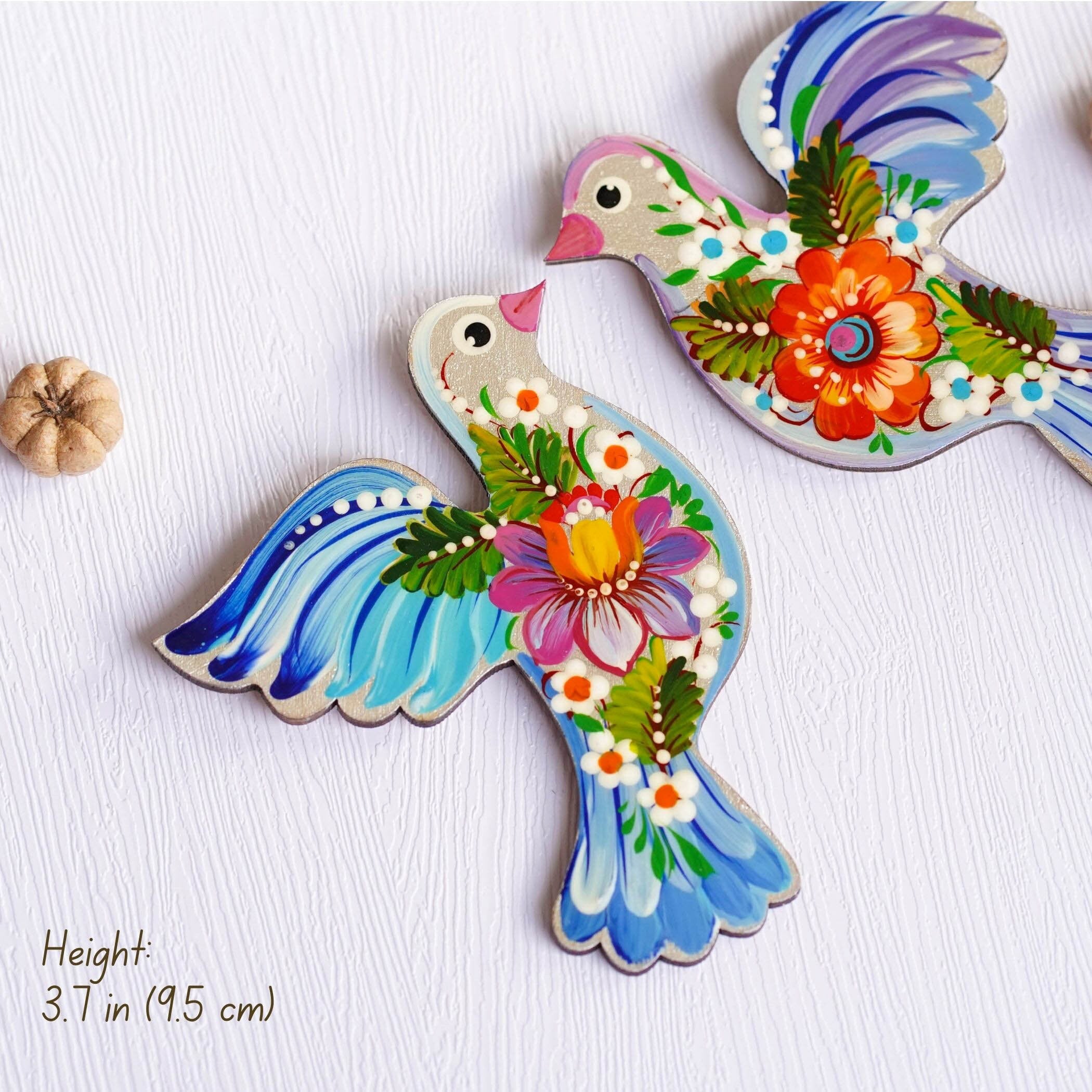 Set of 2 Painted Wooden Fridge Magnets, Personalized Petrykivka Painted Bird Magnets, Handmade Ukrainian Dove Wooden Magnets, Pigeon magnets