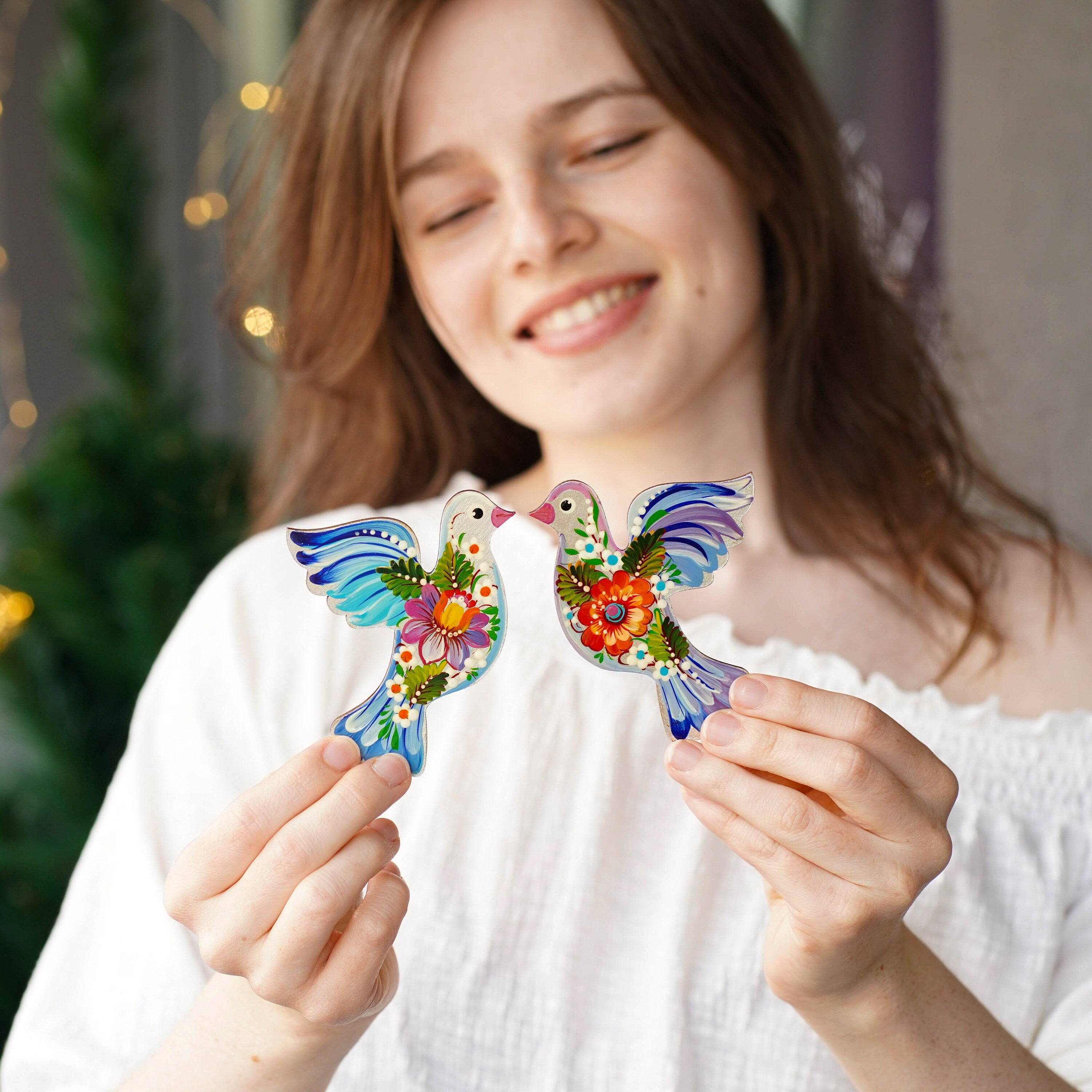 Set of 2 Painted Wooden Fridge Magnets, Personalized Petrykivka Painted Bird Magnets, Handmade Ukrainian Dove Wooden Magnets, Pigeon magnets