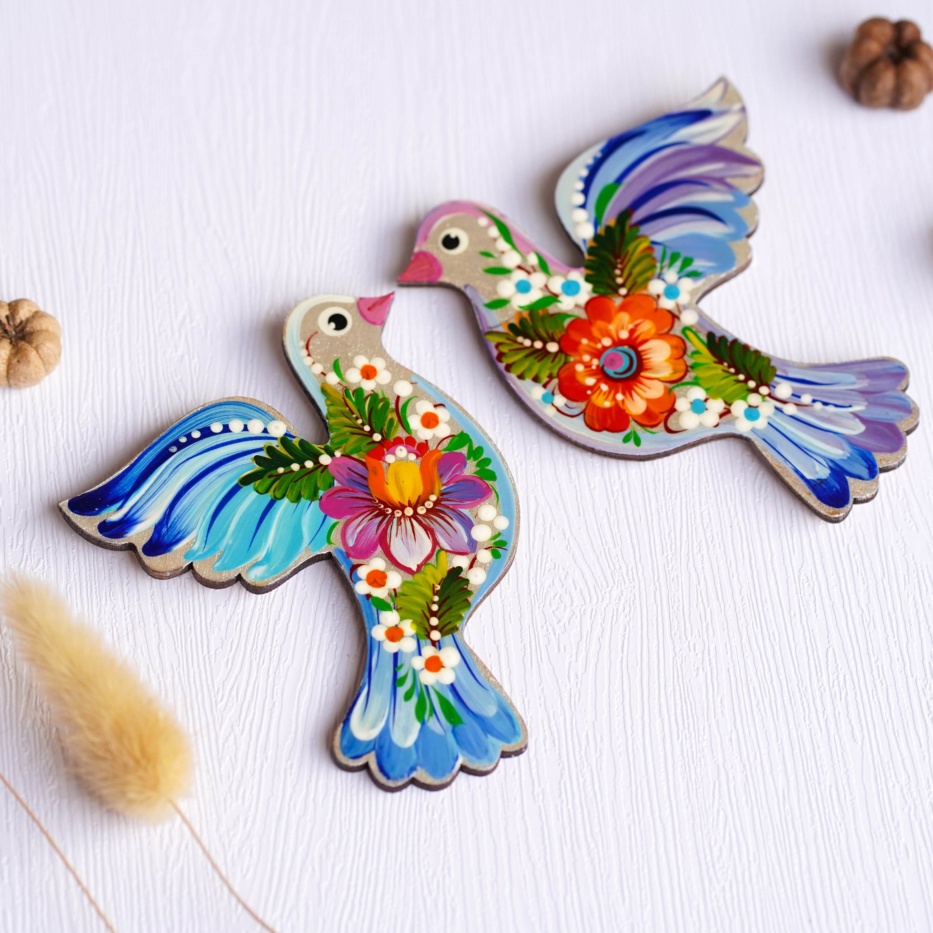 Set of 2 Painted Wooden Fridge Magnets, Personalized Petrykivka Painted Bird Magnets, Handmade Ukrainian Dove Wooden Magnets, Pigeon magnets