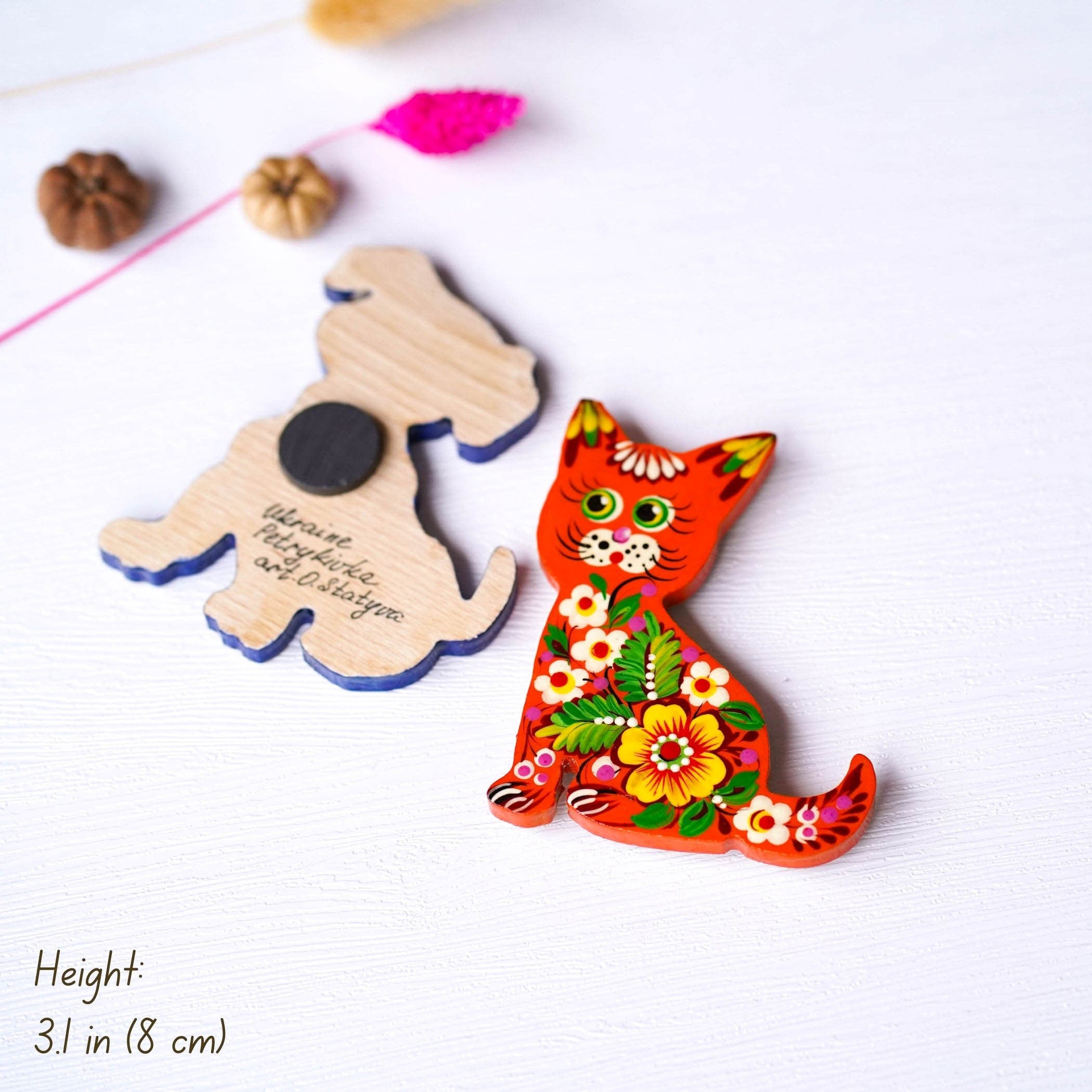 Painted Wooden Fridge Magnet, Personalized Cat & Dog Petrykivka Magnets, Handmade Ukrainian Animal Magnets, Funny Animal Silhouette Magnets