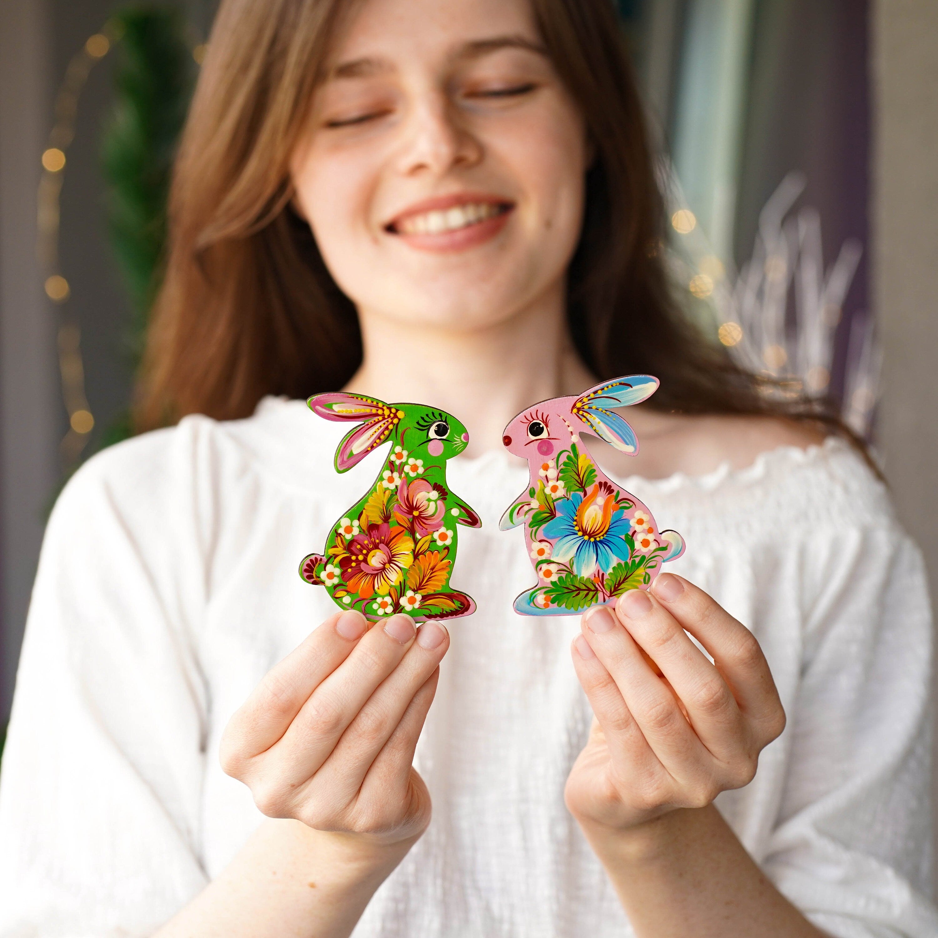 Painted Wooden Bunny Fridge Magnet, Personalized Petrykivka Magnet, Handmade Ukrainian Easter Bunny Decorative Magnet