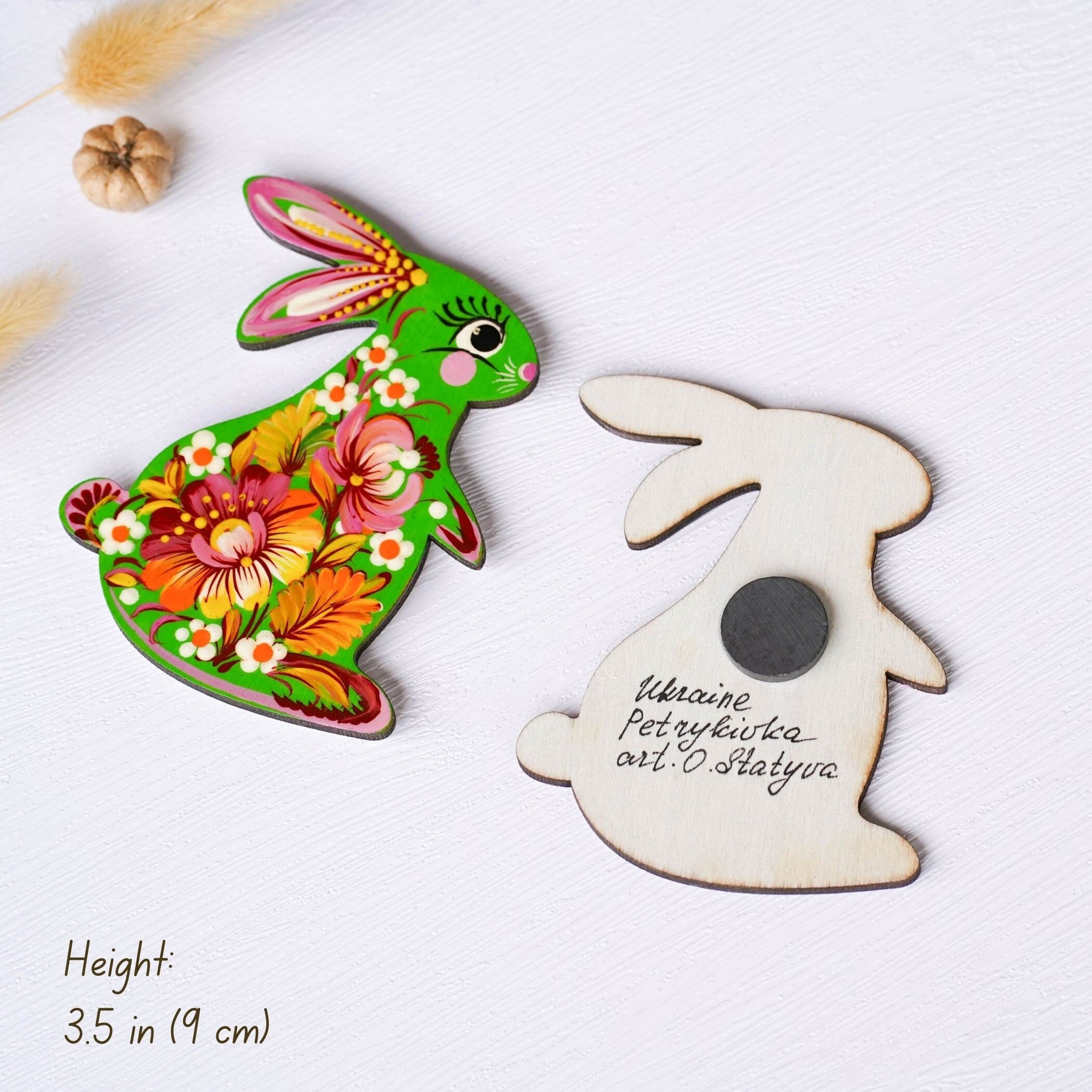 Painted Wooden Bunny Fridge Magnet, Personalized Petrykivka Magnet, Handmade Ukrainian Easter Bunny Decorative Magnet