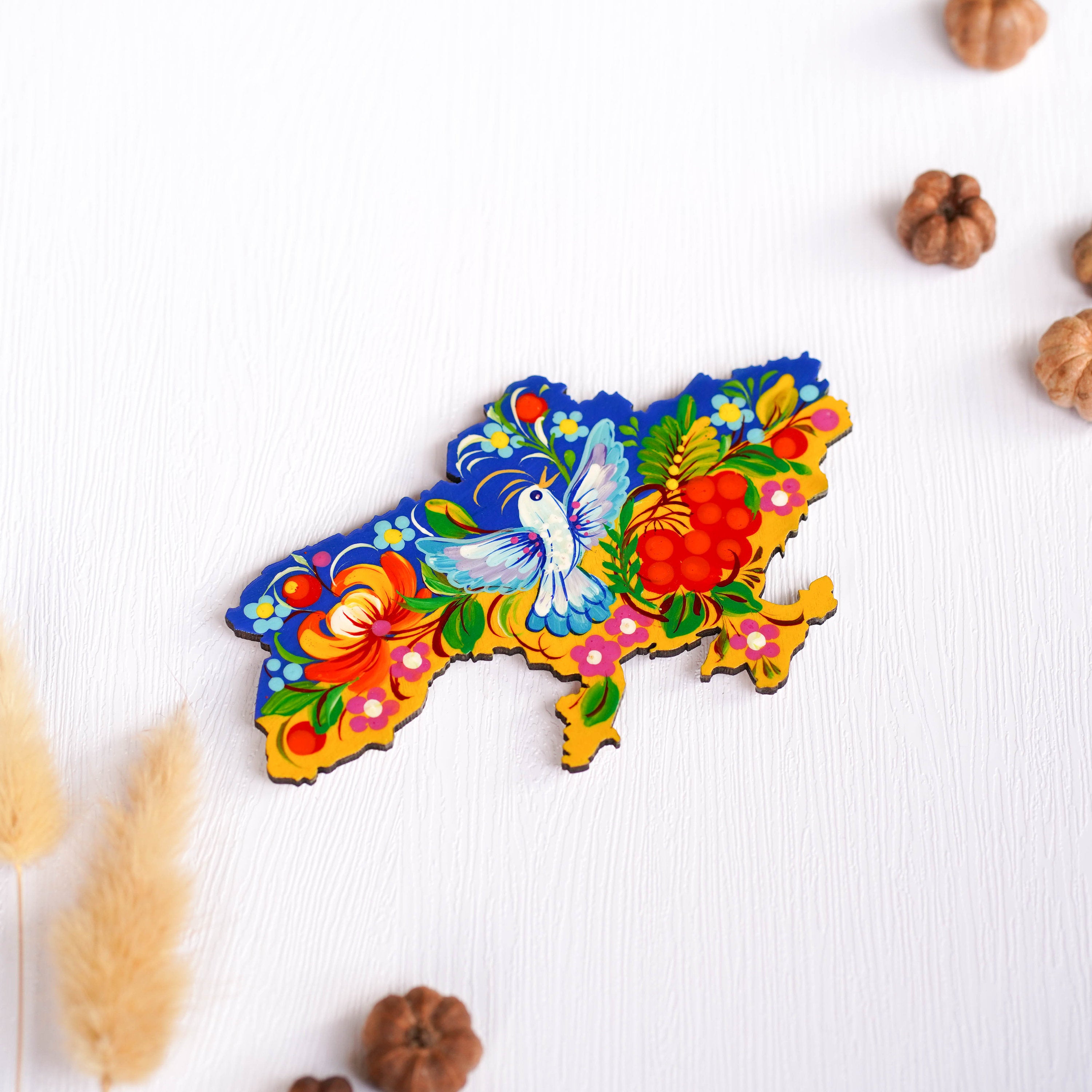 Ukraine Map Fridge Magnet, Hand-painted Wooden Blue and Yellow Magnet, Ukrainian Bird Magnet, Petrykivka Magnet, Carved Wooden Magnets