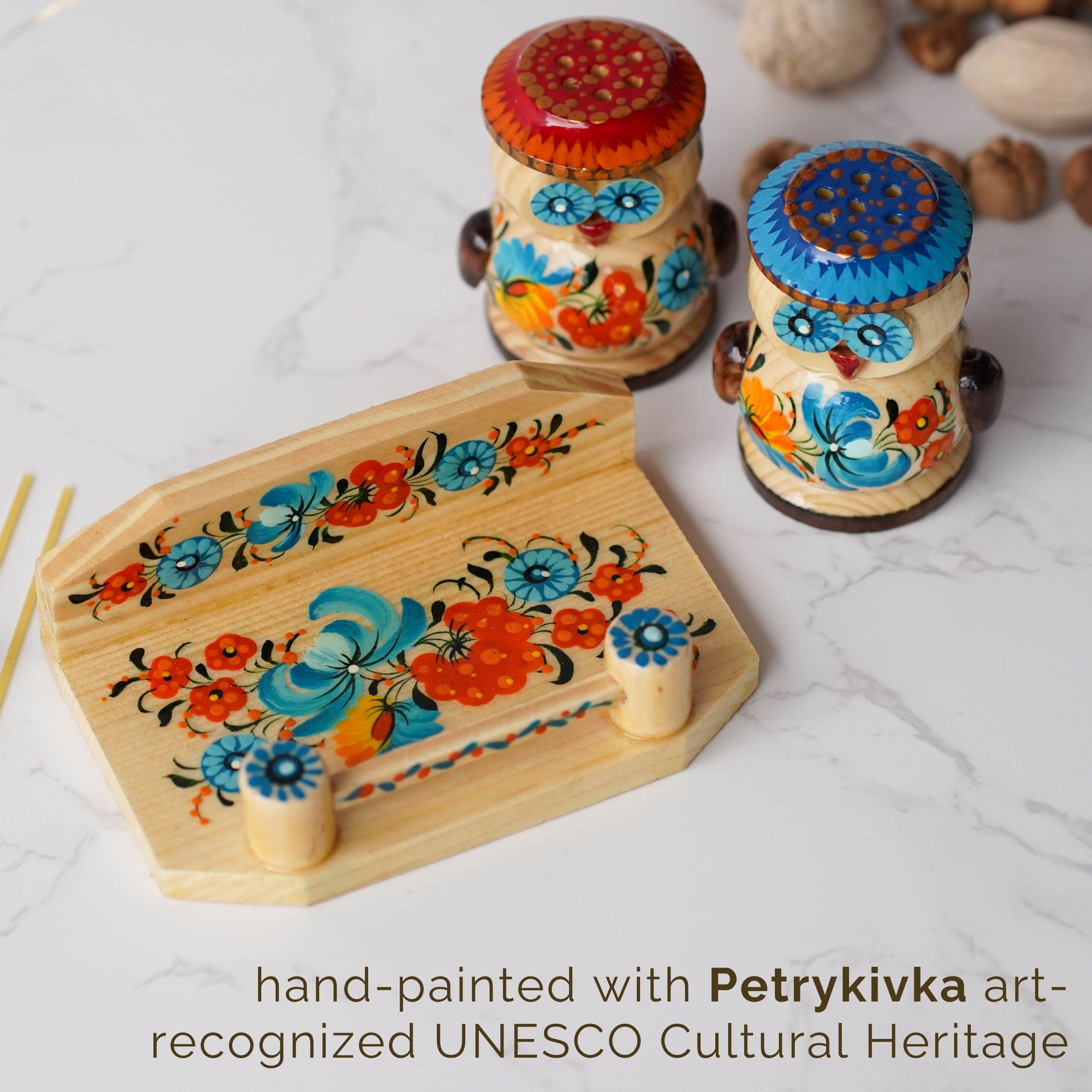 Salt & Pepper Shakers on Stand Set, Hand-painted Owl-Shaped Wooden Shakers with Petrykivka Art - Wall/Countertop Rack, Tight-Seal Lids