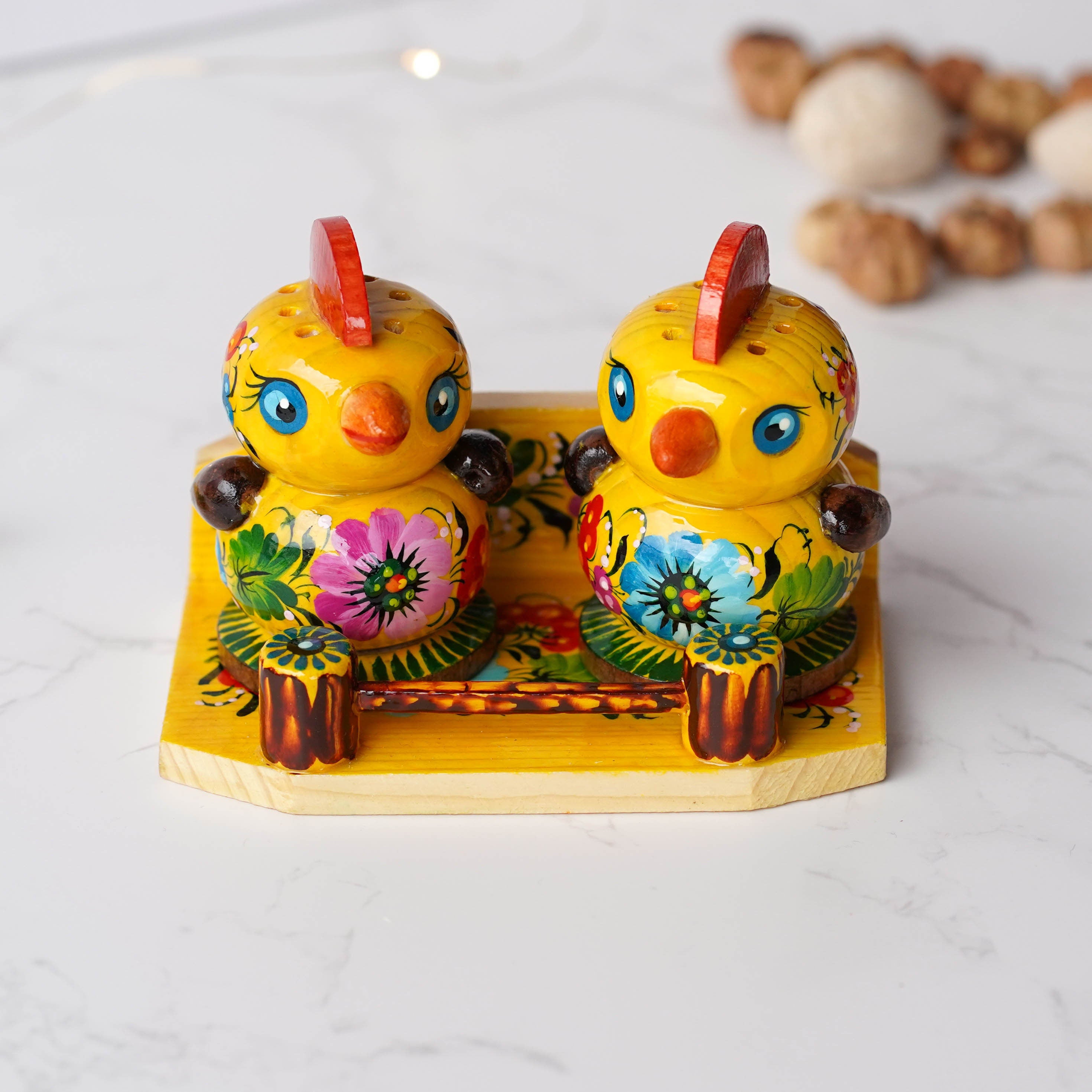 Salt & Pepper Shakers on Stand Set, Hand-painted Ukrainian Chicks Wooden Shakers with Petrykivka Art - Wall/Countertop Rack, Tight-Seal Lids