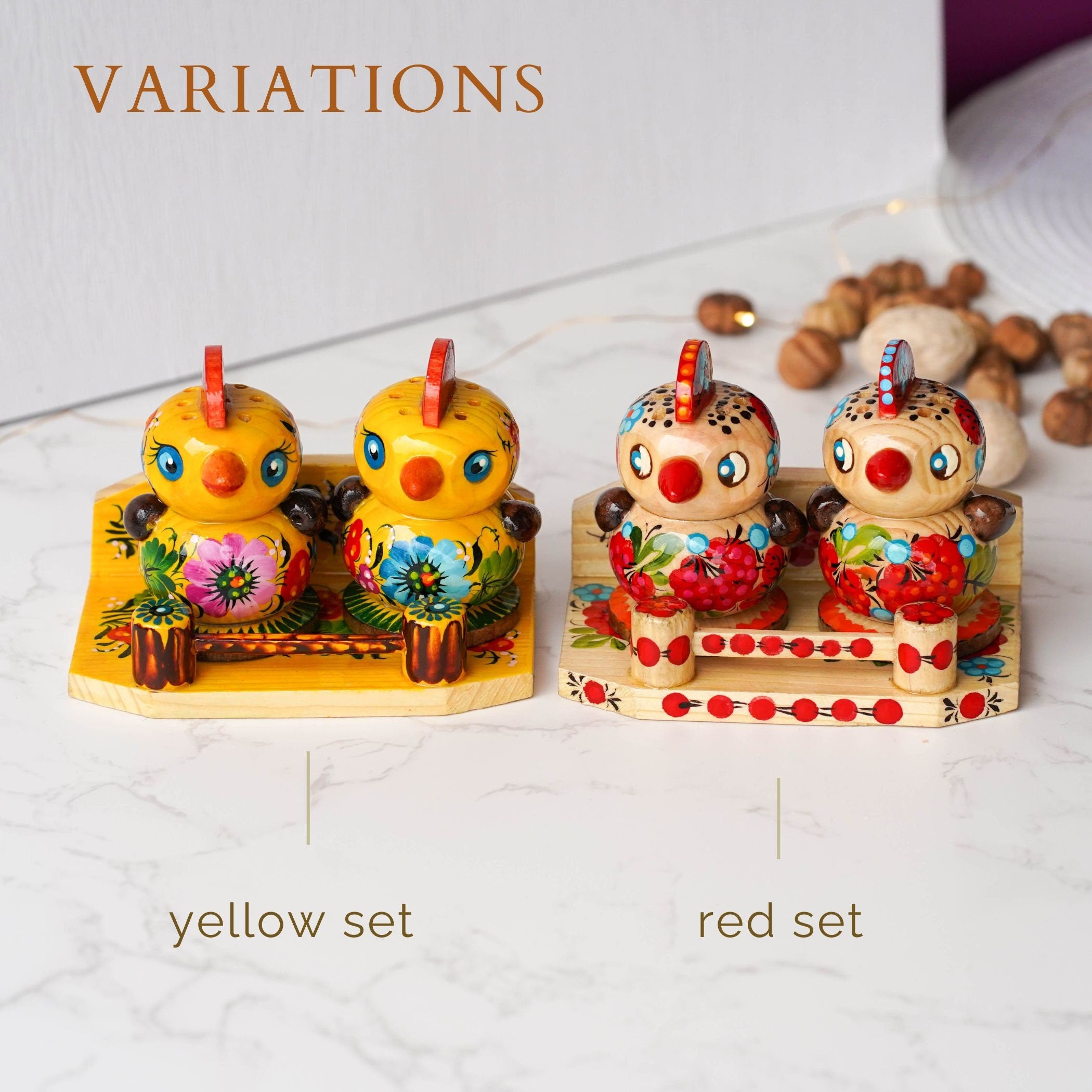 Salt & Pepper Shakers on Stand Set, Hand-painted Ukrainian Chicks Wooden Shakers with Petrykivka Art - Wall/Countertop Rack, Tight-Seal Lids