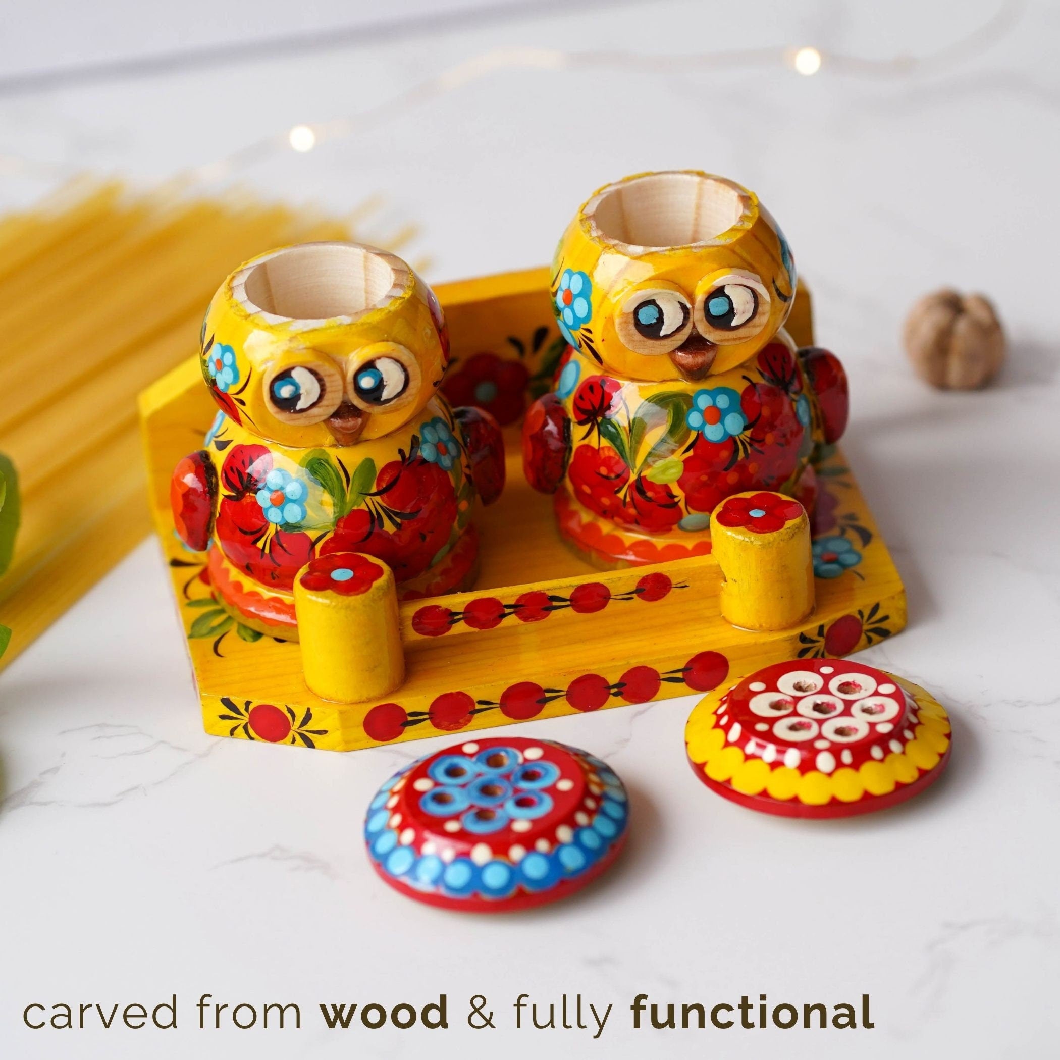 Salt & Pepper Shakers on Stand Set, Hand-painted Owl Shaped Wooden Shakers with Petrykivka Art - Wall/Countertop Rack, Tight-Seal Lids