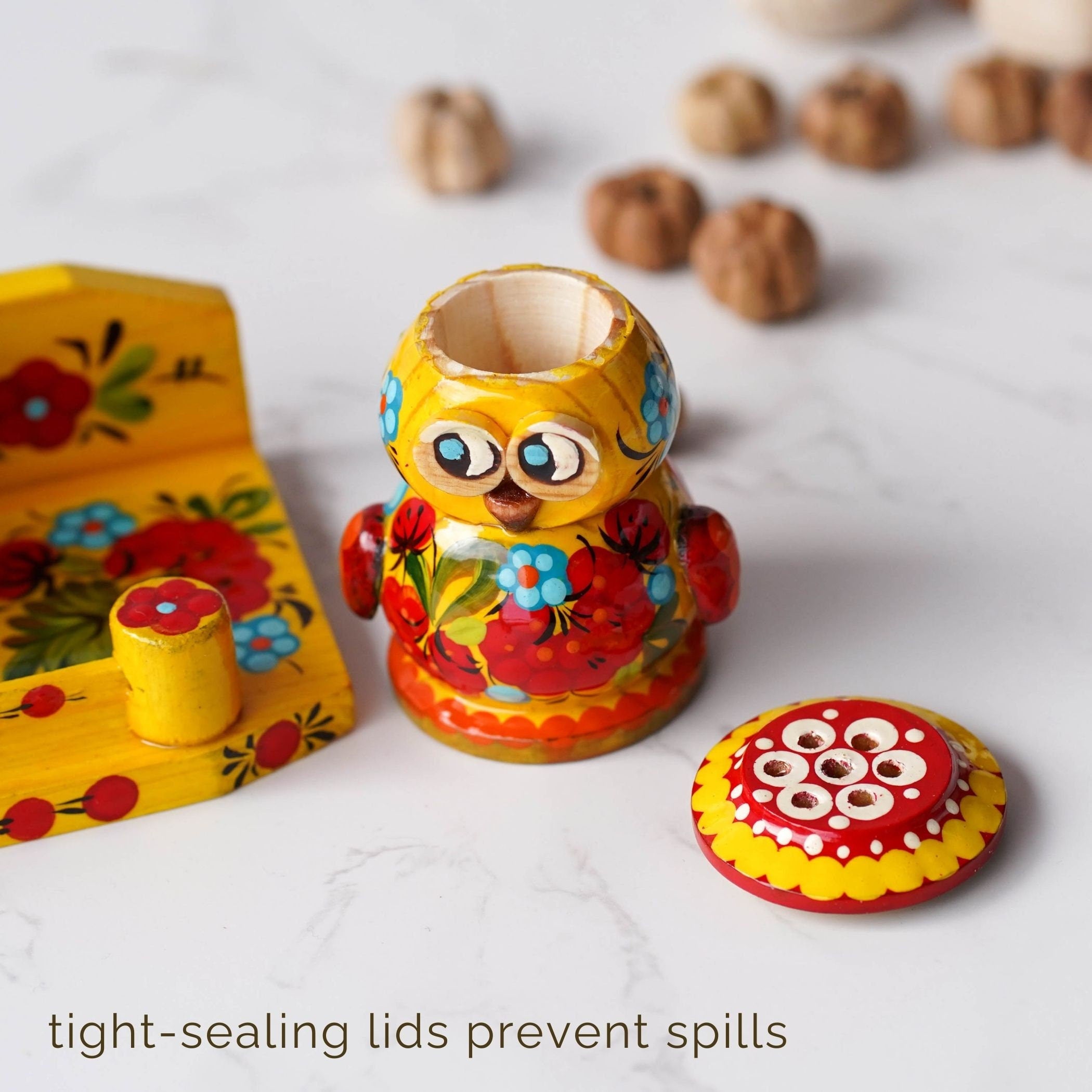 Salt & Pepper Shakers on Stand Set, Hand-painted Owl Shaped Wooden Shakers with Petrykivka Art - Wall/Countertop Rack, Tight-Seal Lids