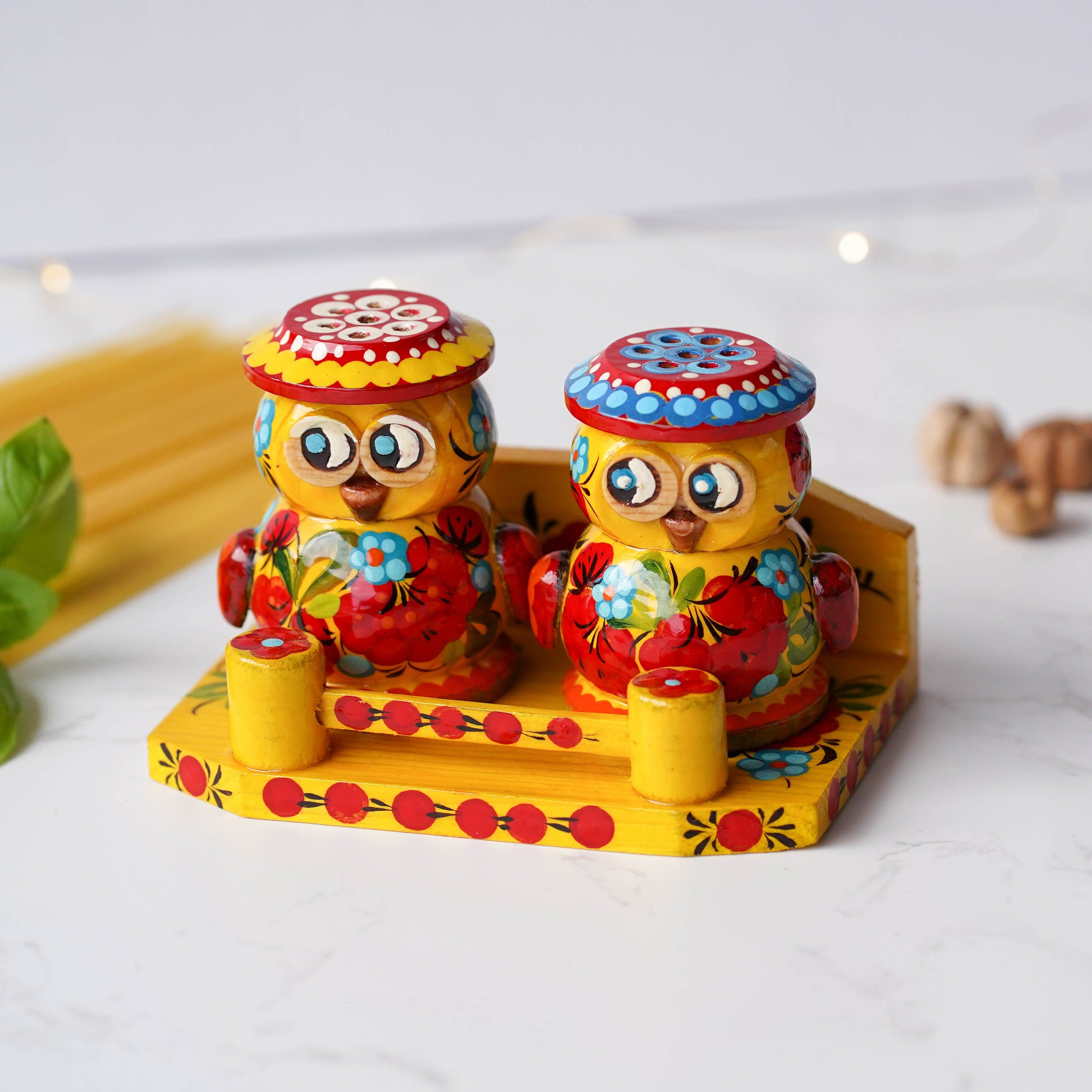 Salt & Pepper Shakers on Stand Set, Hand-painted Owl Shaped Wooden Shakers with Petrykivka Art - Wall/Countertop Rack, Tight-Seal Lids