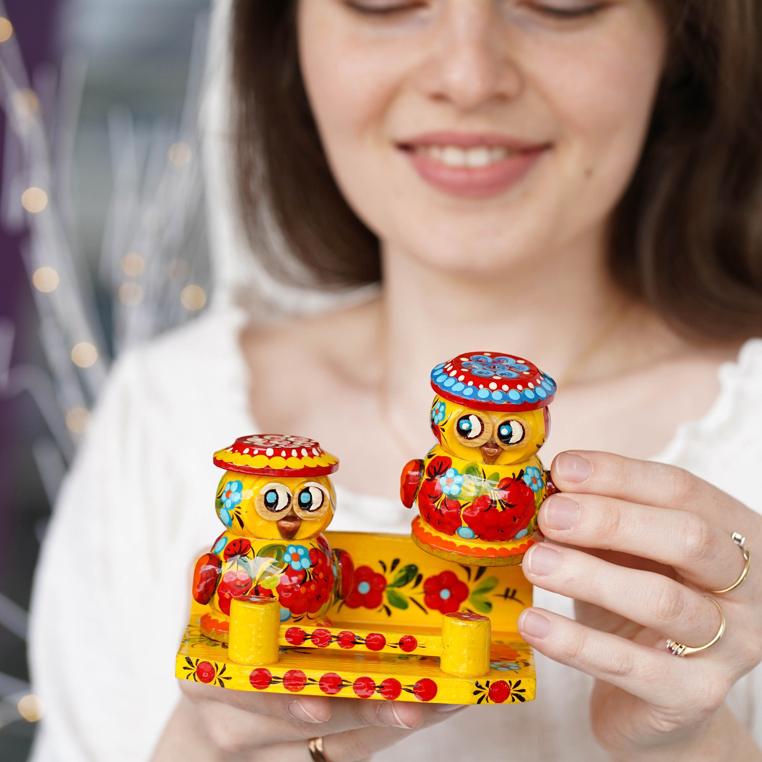 Salt & Pepper Shakers on Stand Set, Hand-painted Owl Shaped Wooden Shakers with Petrykivka Art - Wall/Countertop Rack, Tight-Seal Lids